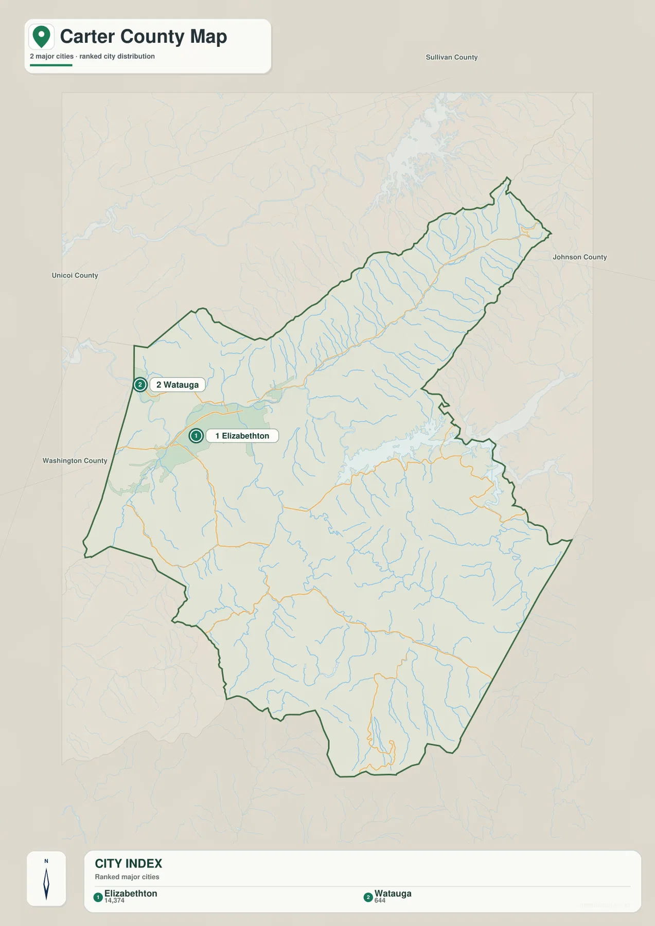 Carter County city map showing Elizabethton and Watauga with ranked population labels