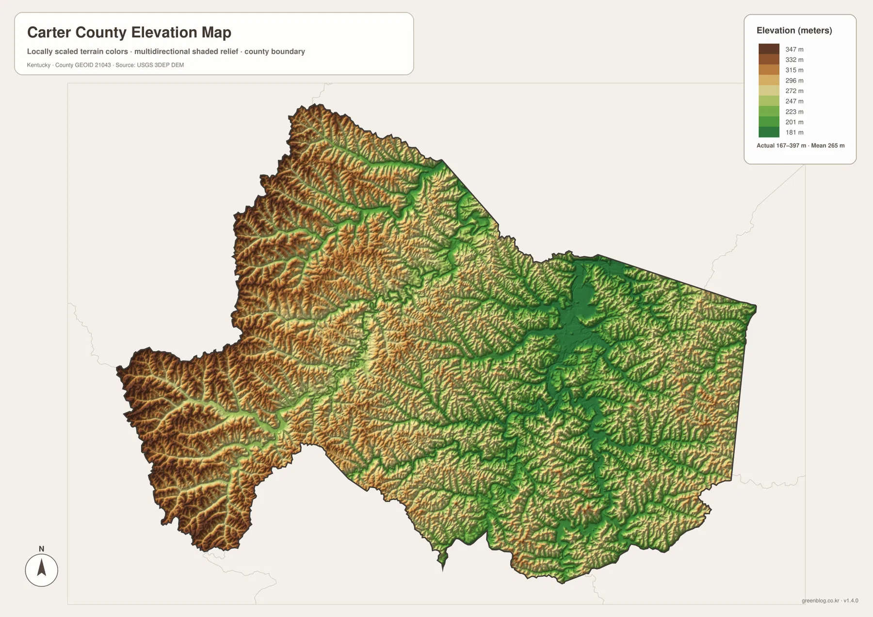 Carter County elevation map showing a 167 to 397 meter range, higher western and northwestern ridges, and lower Grayson and Little Sandy River corridors
