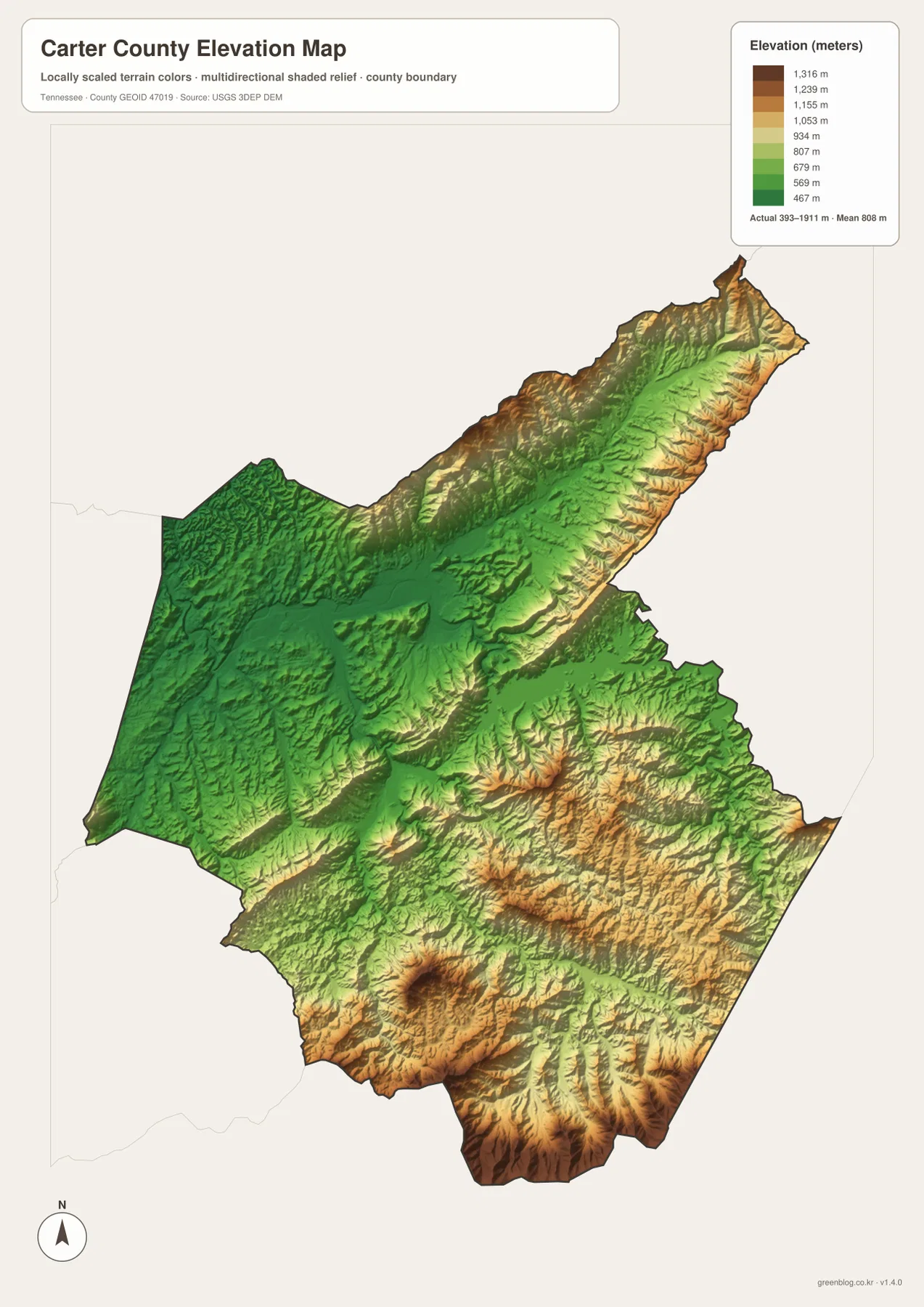 Carter County elevation map showing the low Elizabethton valley and high terrain toward Roan Mountain