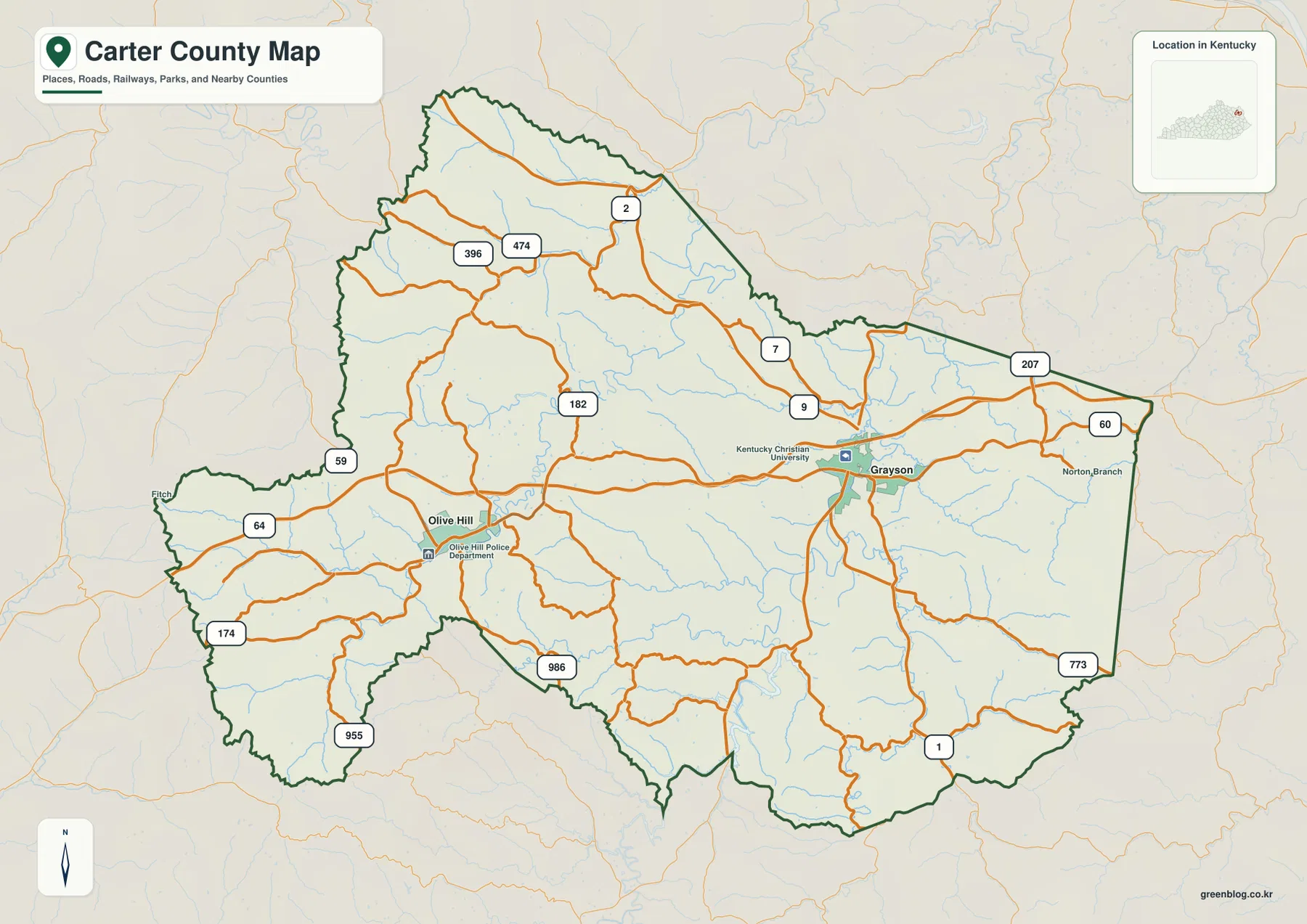 Carter County map showing Grayson, Olive Hill, I-64, US 60, KY 1, KY 7, KY 9, and other major roads