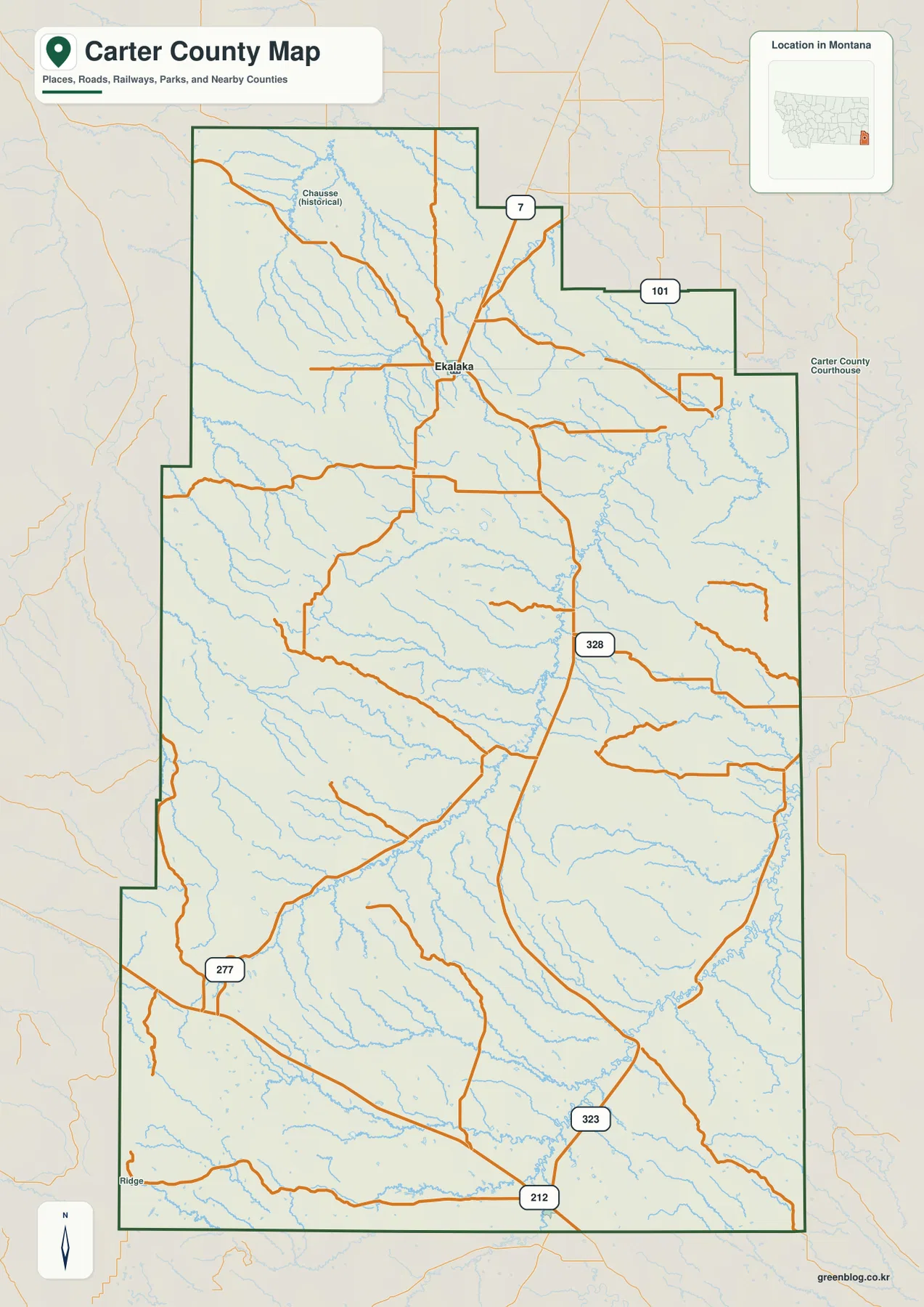 Ekalaka와 Route 7, 101, 328, 323, U.S. 212를 표시한 몬태나주 Carter County 지도