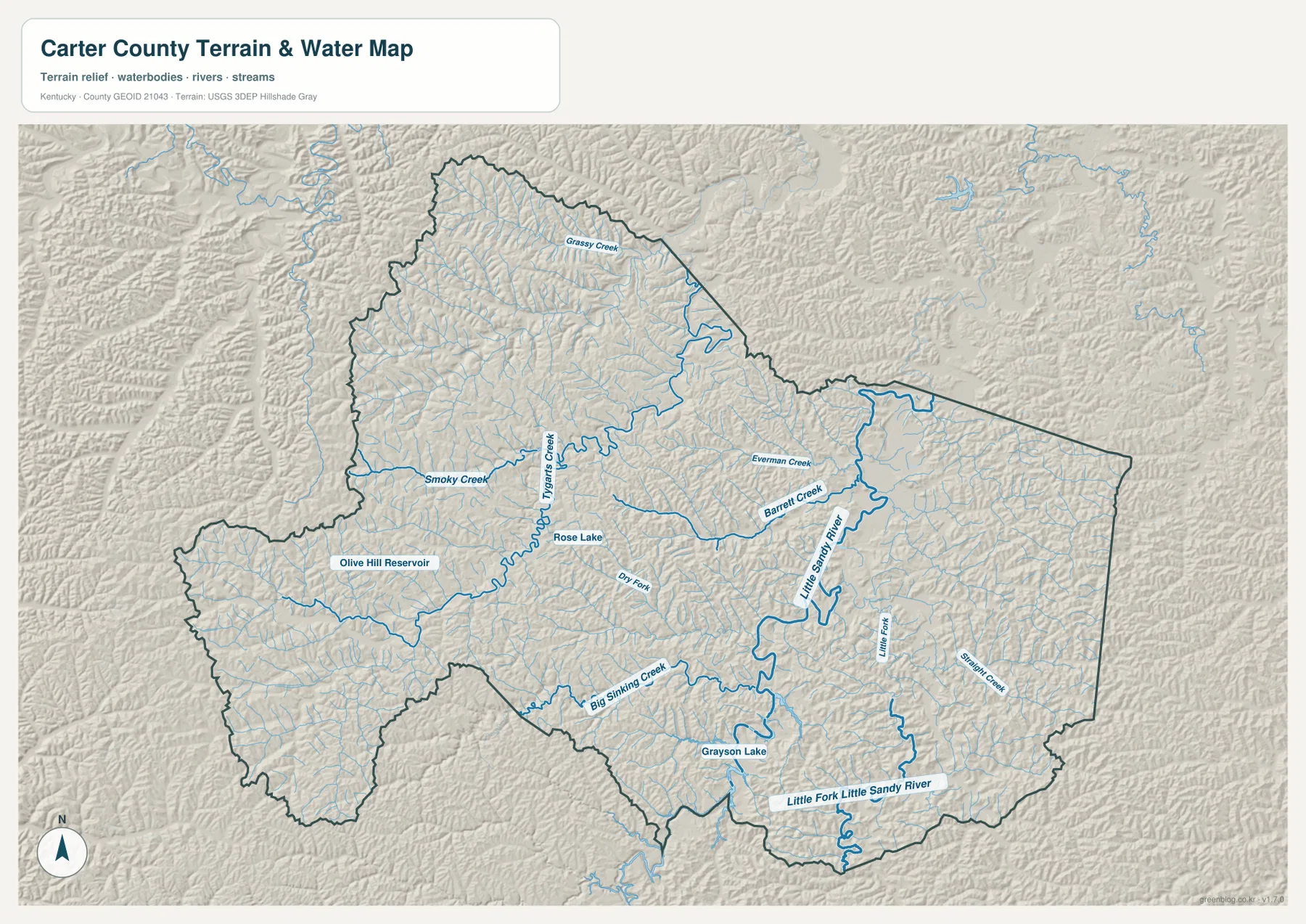 Carter County water map showing Little Sandy River, Tygarts Creek, Big Sinking Creek, Grayson Lake, Rose Lake, Olive Hill Reservoir, and tributaries