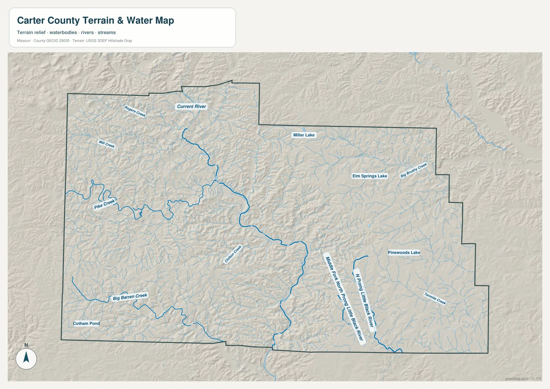 Current River, Pike Creek, Big Barren Creek, Little Black River 지류와 작은 호수를 표시한 카터 카운티 지형 수역 지도