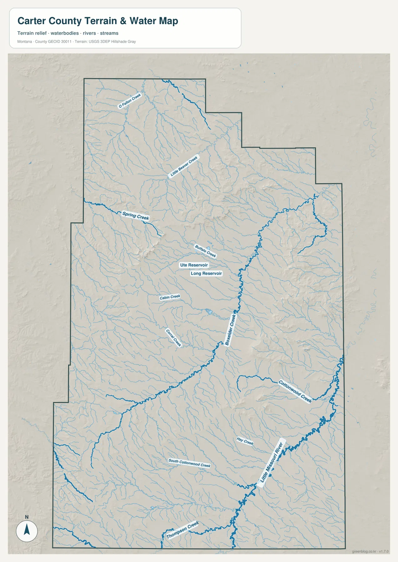Boxelder Creek, Spring Creek, Buffalo Creek, Ute Reservoir와 Long Reservoir를 표시한 Carter County 수역 지형 지도