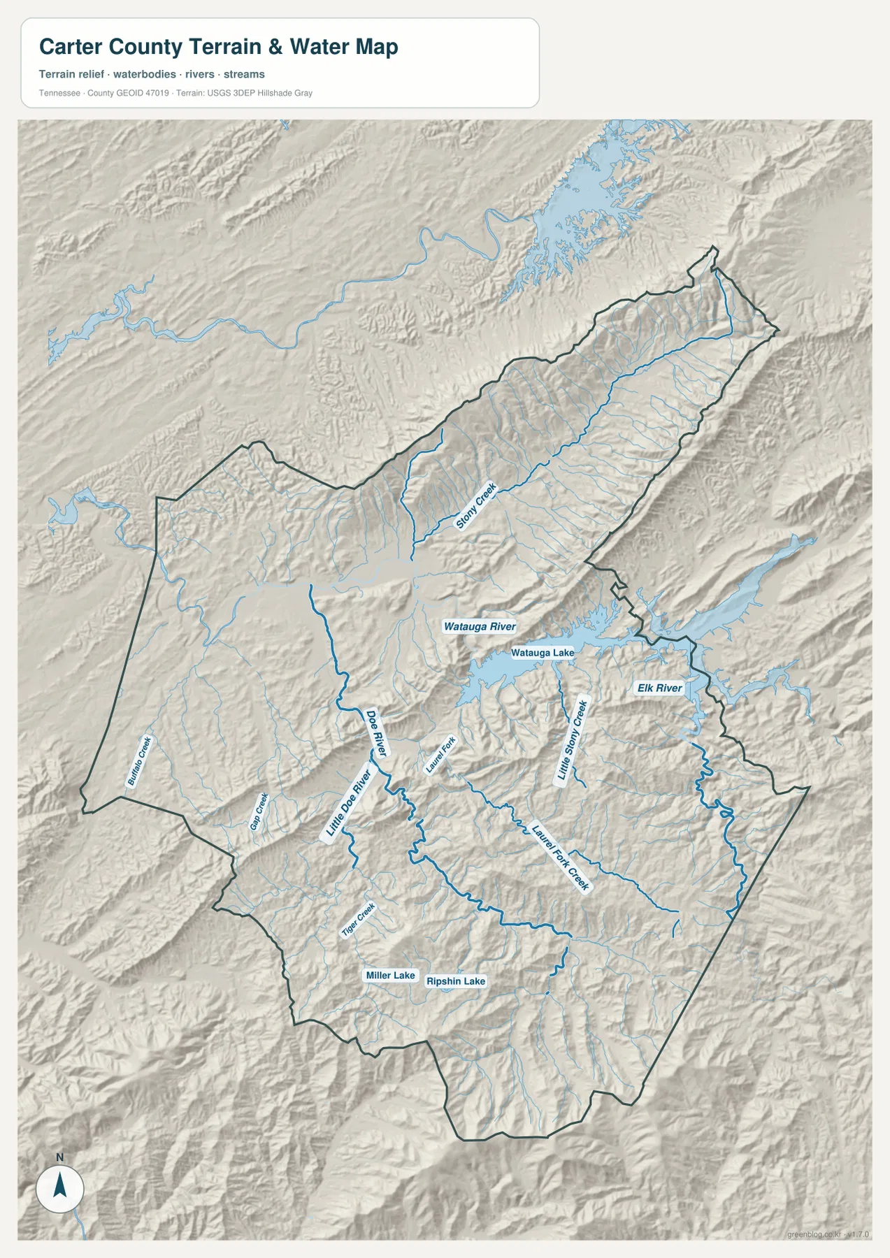 Carter County water map showing Watauga River, Watauga Lake, Doe River, Elk River and tributaries