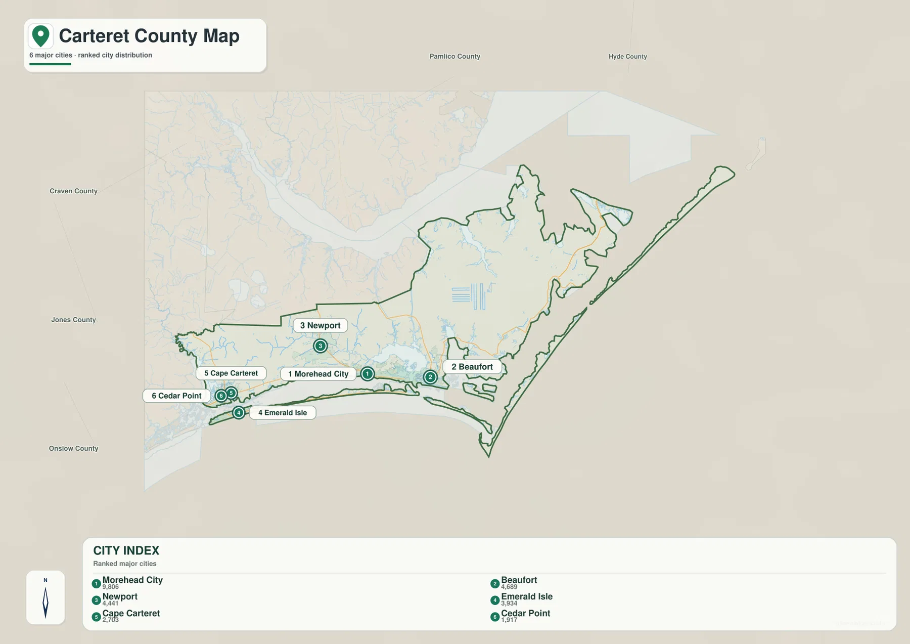 Carteret County city map with Morehead City Beaufort Newport Emerald Isle Cape Carteret and Cedar Point