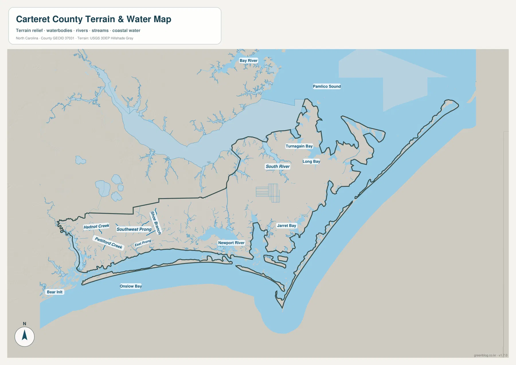 Carteret County terrain and water map with Newport River Pamlico Sound Onslow Bay and coastal bays
