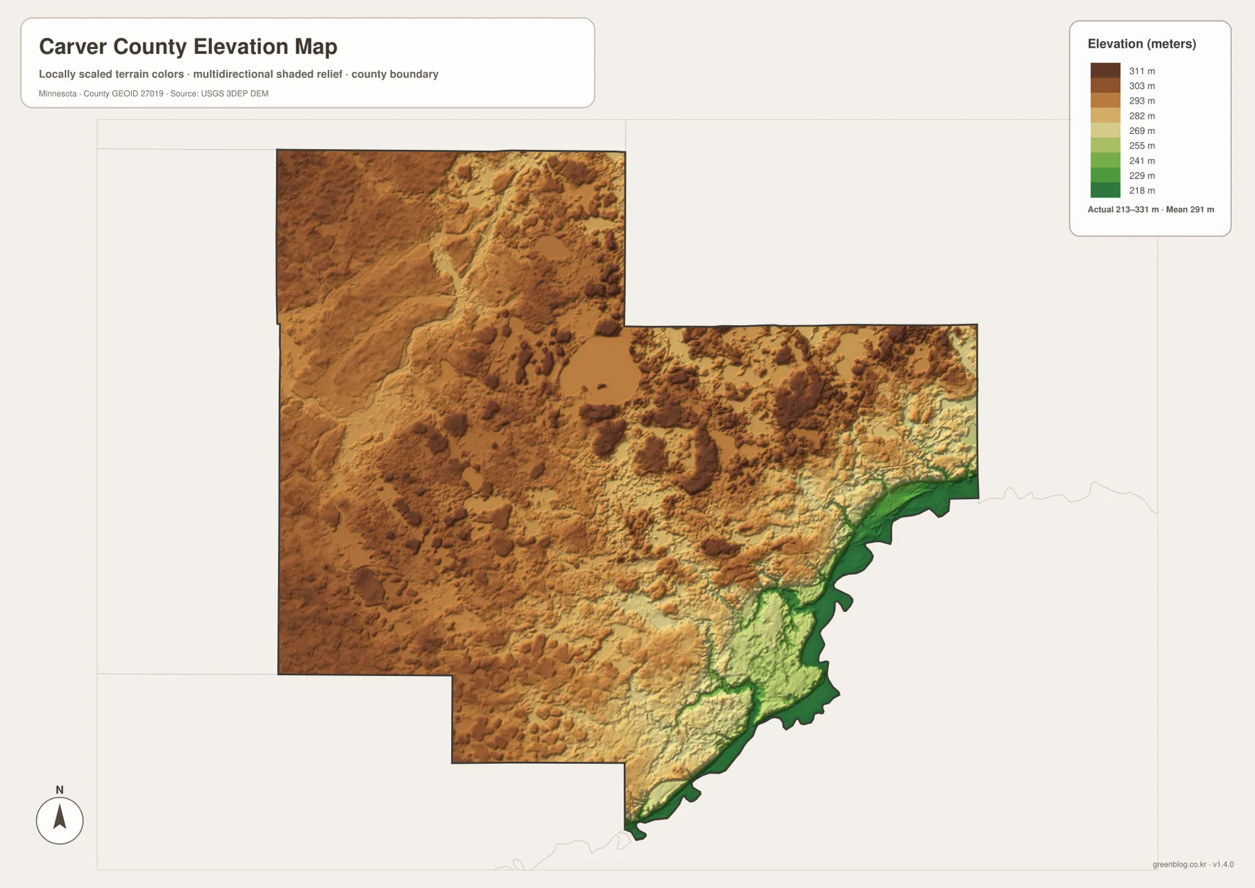 Carver County elevation map showing the 213–331 meter range, low Minnesota River valley, higher western uplands, and central lake terrain
