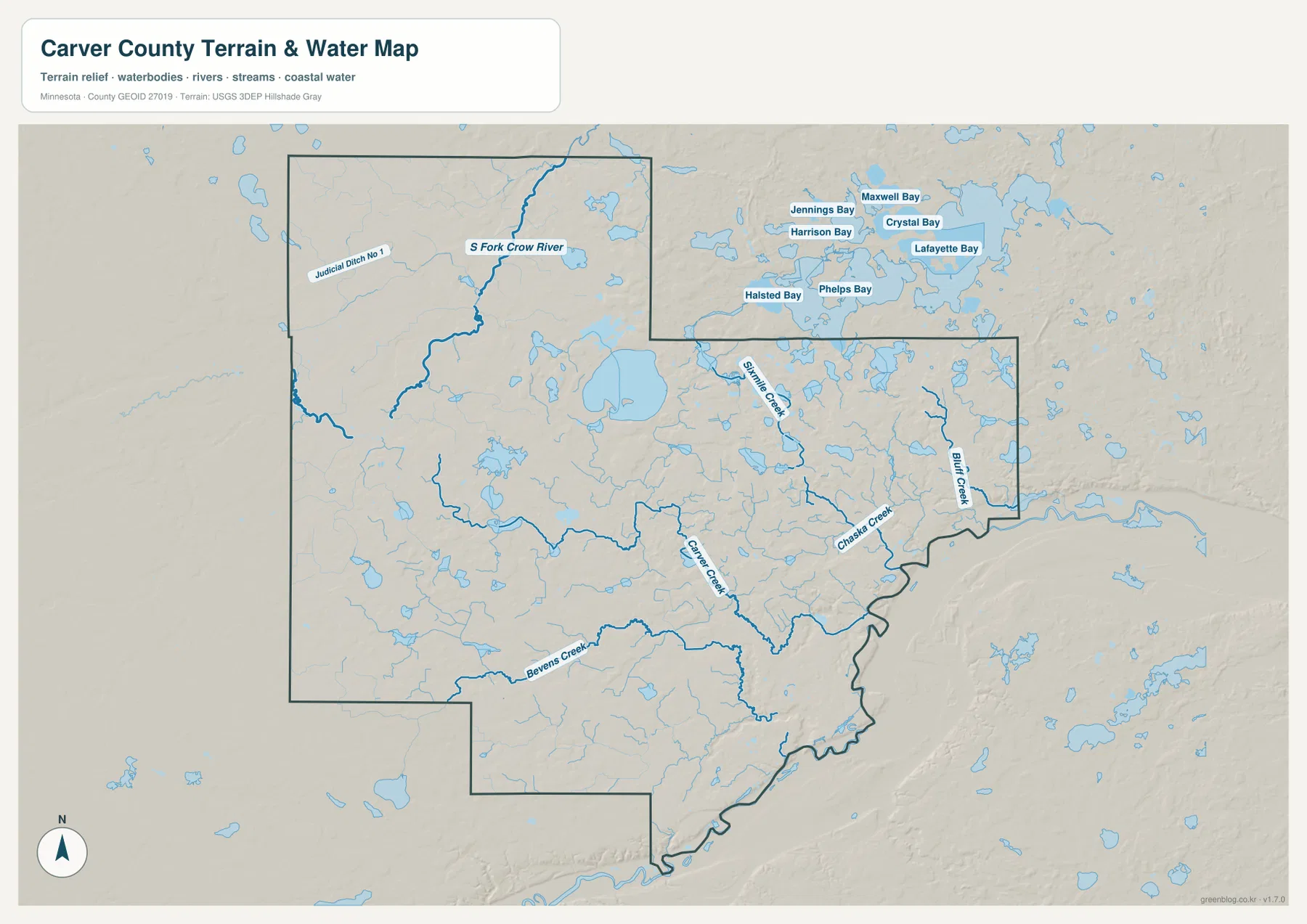 Carver County water map showing the Minnesota River valley, South Fork Crow River, Carver Creek, Chaska Creek, Bevens Creek, Lake Waconia, and northeastern bays