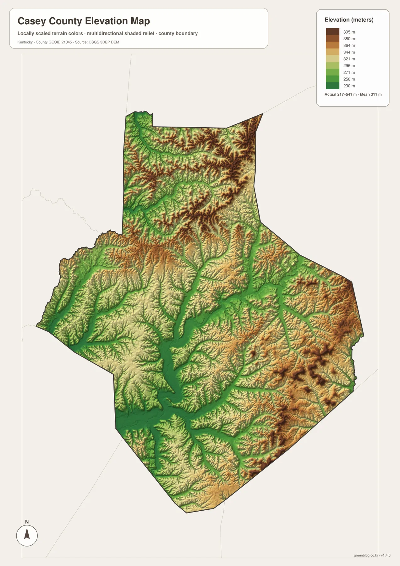 Casey County의 217~541m 고도 범위와 Green River 골짜기, 북부와 동부 능선을 보여 주는 고도 지도