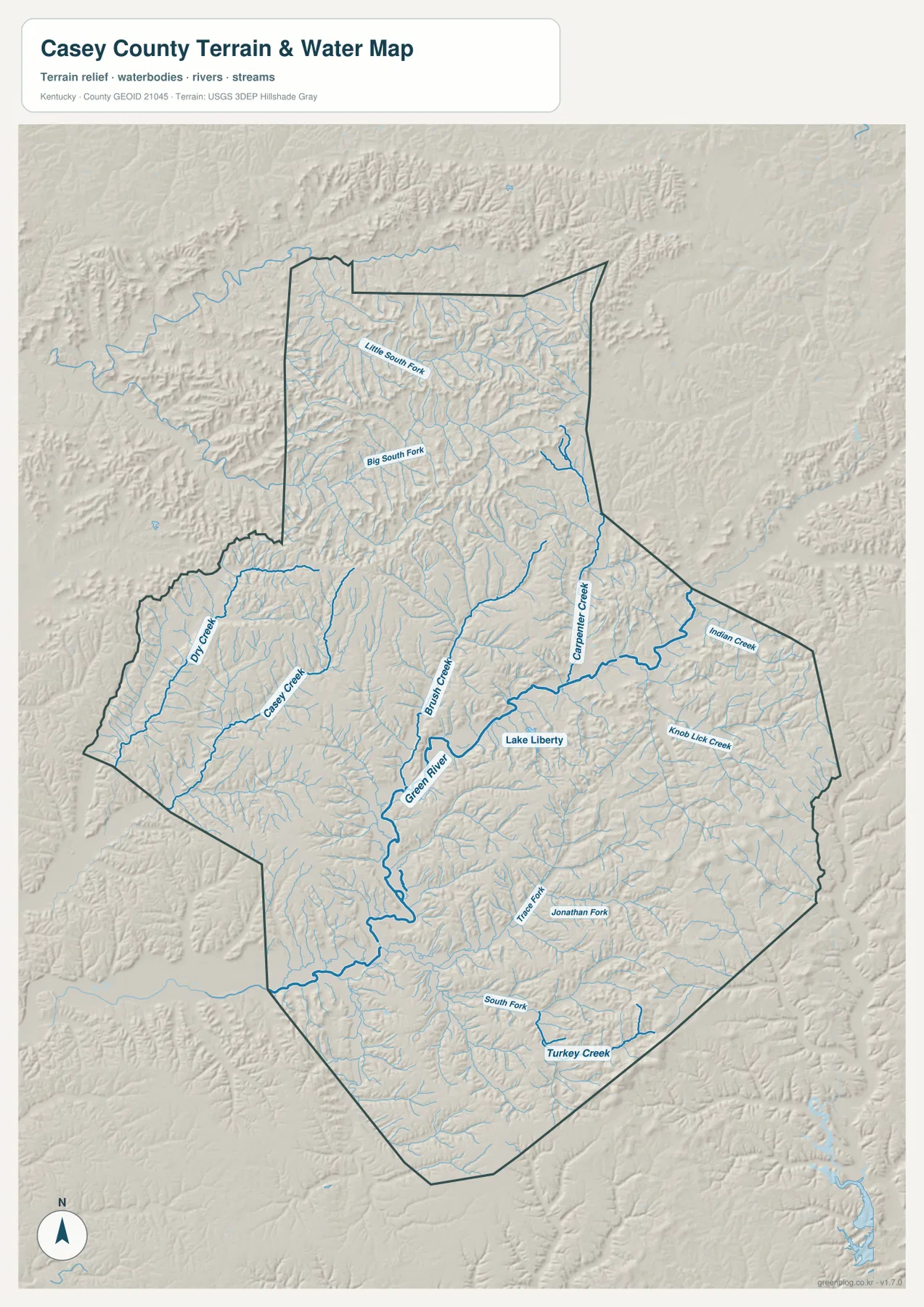 Casey County의 Green River, Casey Creek, Dry Creek, Blowing Creek, Carpenter Creek와 Lake Liberty를 보여 주는 수역 지도