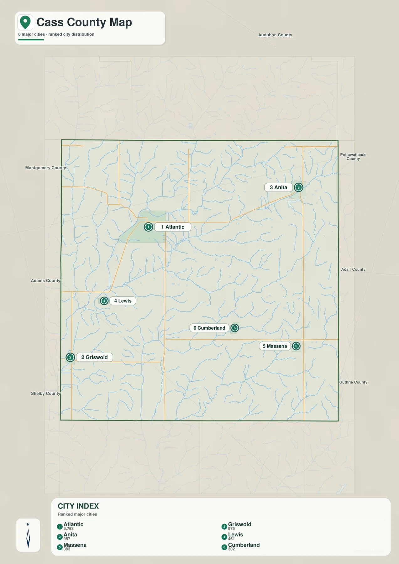 Cass County city map showing Atlantic, Anita, Griswold, Lewis, Cumberland and Massena