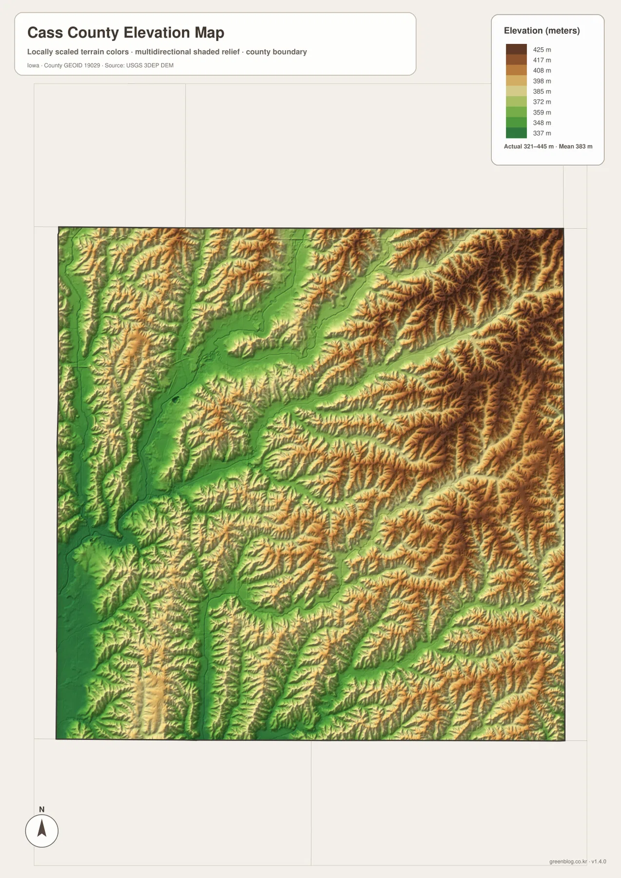 Cass County Iowa elevation map showing the 321 to 445 meter range and higher eastern hills