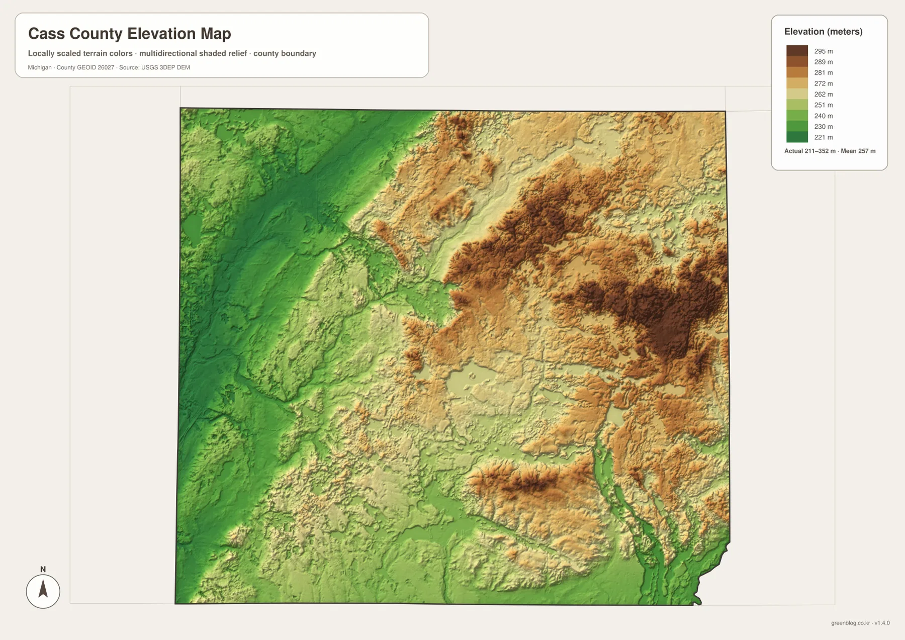 Cass County Michigan elevation map showing low western Dowagiac River terrain and higher eastern and northeastern hills