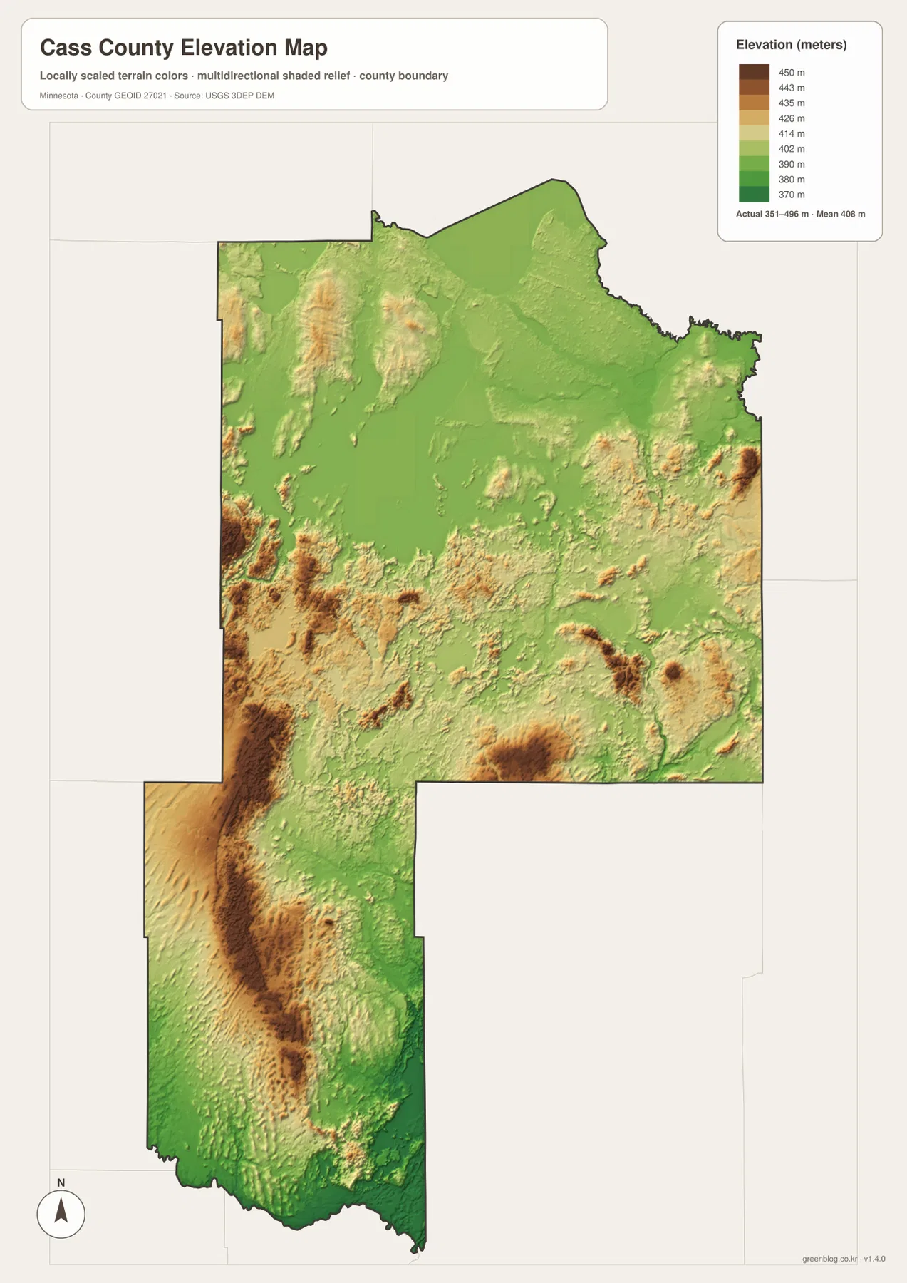 Cass County elevation map showing the 351–496 meter range, lower Leech Lake basin, western ridges, southern uplands, and river valleys