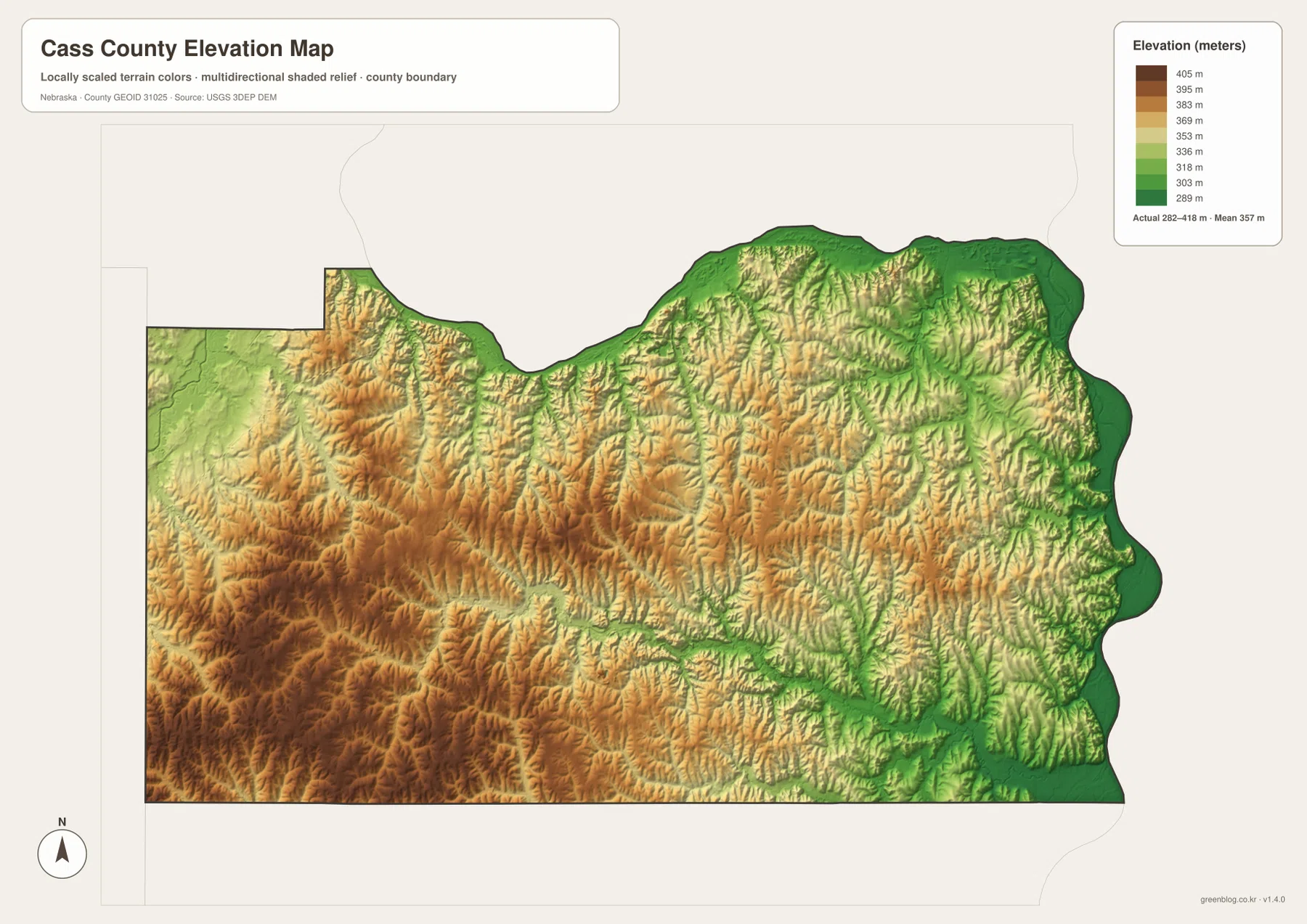 Cass County elevation map showing low Platte and Missouri river corridors and higher western and southwestern uplands