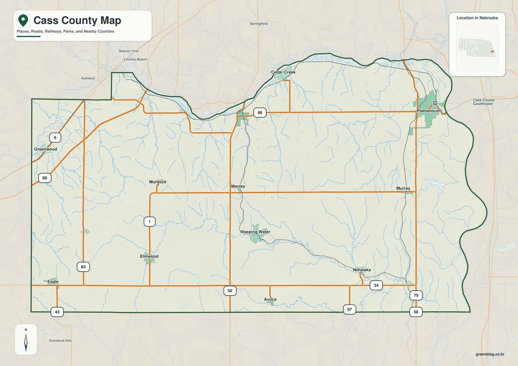 Cass County Nebraska map showing Plattsmouth, Louisville, Weeping Water, Elmwood, Greenwood, highways, roads, streams, and county boundaries