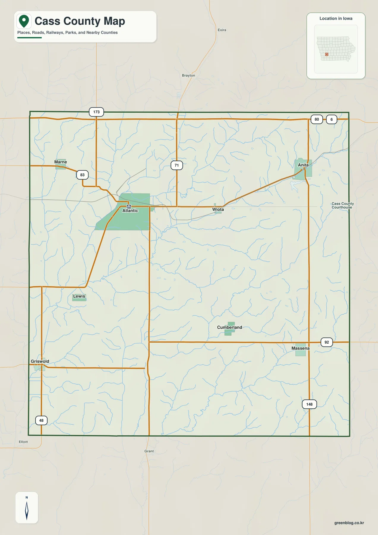 Cass County Iowa map showing Atlantic, Anita, Griswold, U.S. 71 and Iowa 92