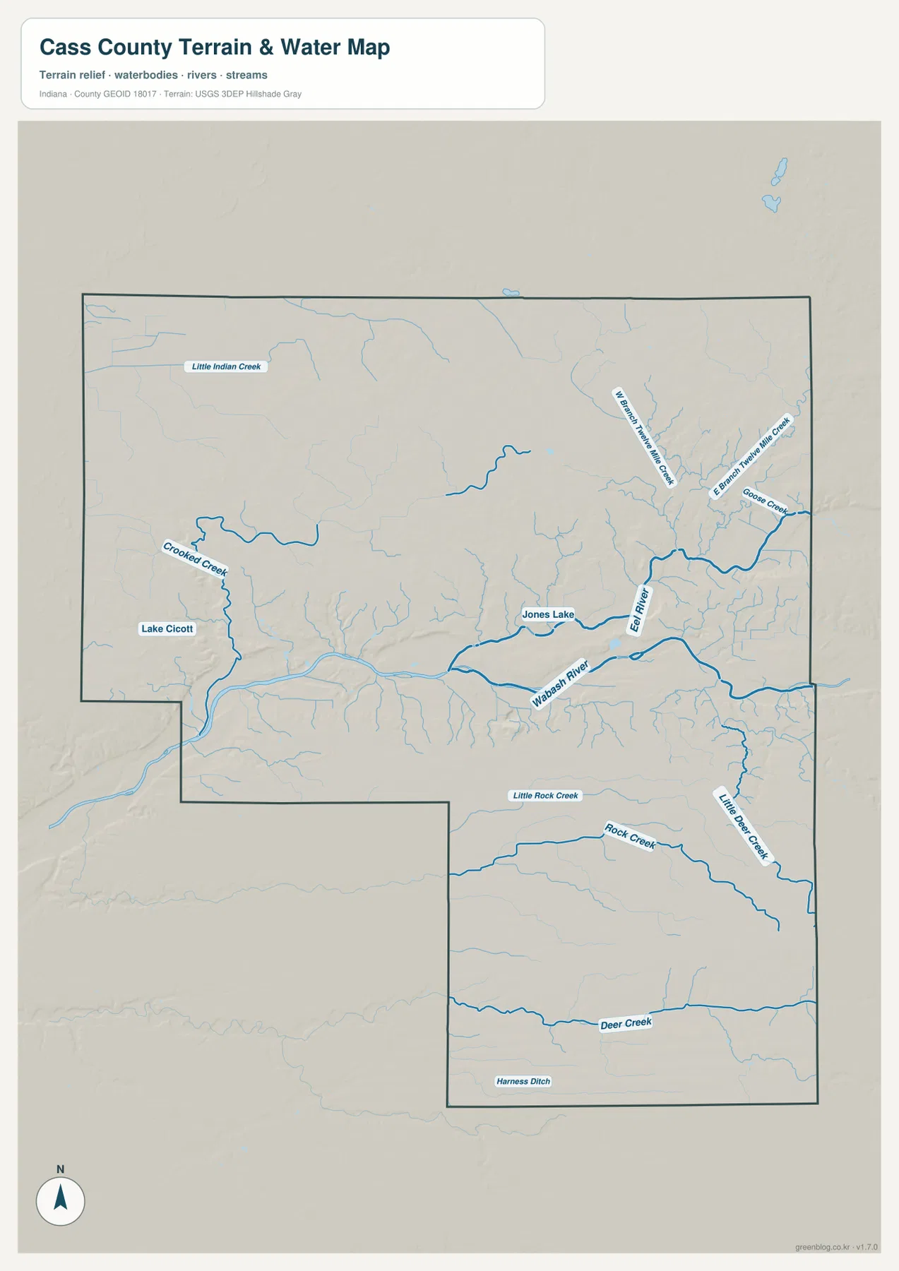 Cass County 지형 수역 지도에서 Wabash River, Eel River, Deer Creek, Rock Creek, Crooked Creek와 Lake Cicott를 표시한 모습