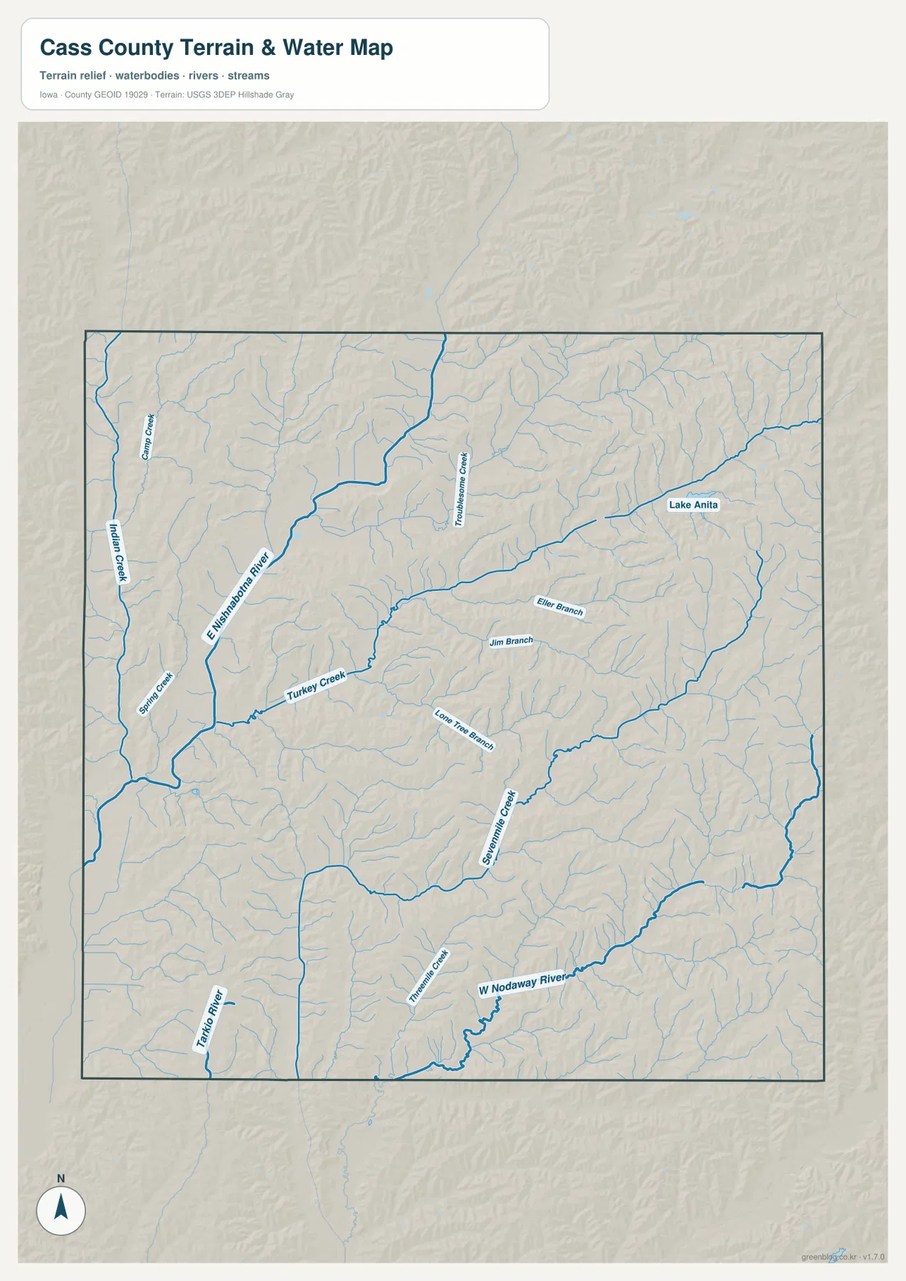 Cass County water and terrain map showing East Nishnabotna River, Turkey Creek, West Nodaway River and Lake Anita
