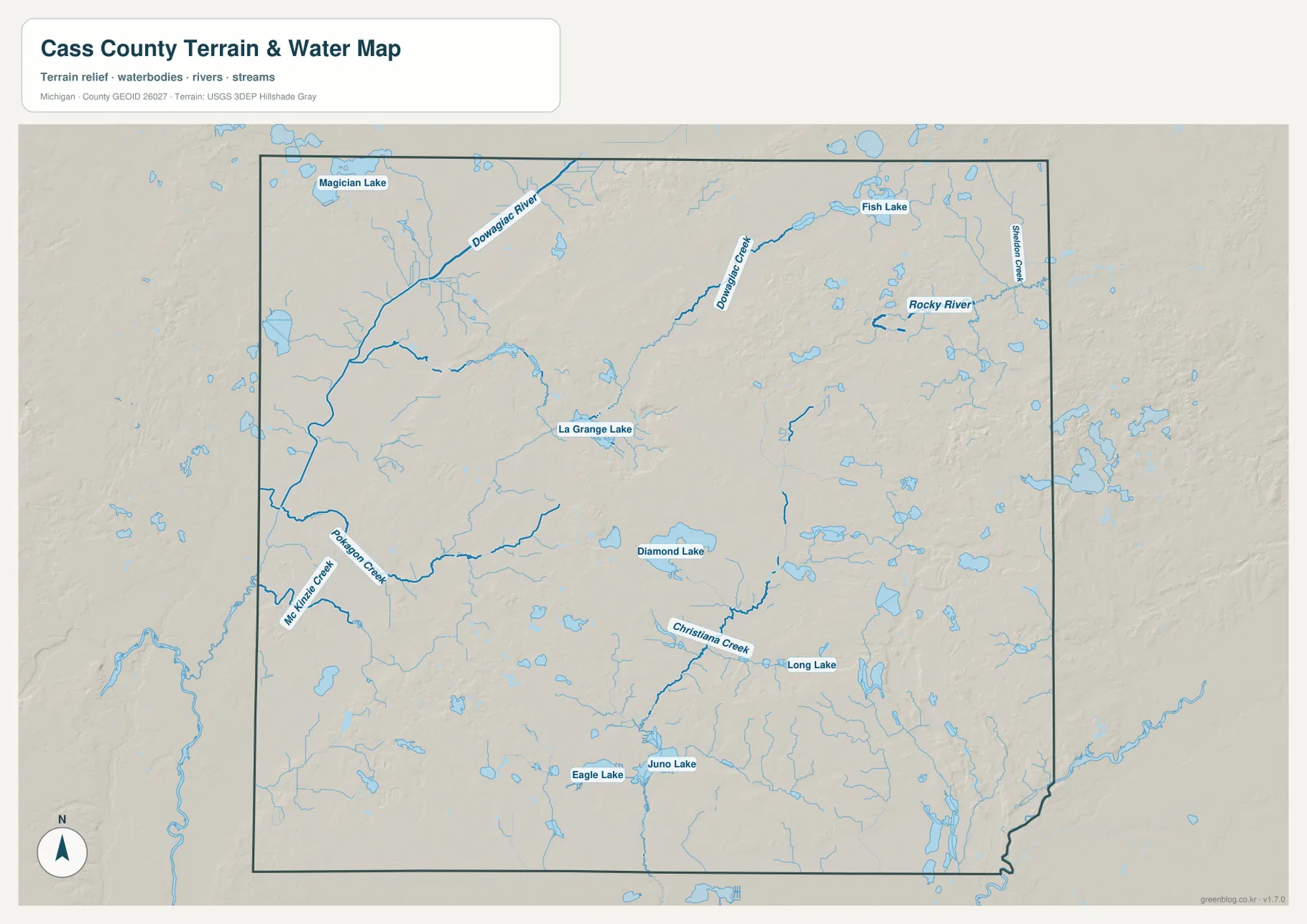 Cass County terrain and water map showing Dowagiac River, Pokagon Creek, Dowagiac Creek, Rocky River, Sheldon Creek, Diamond Lake, Magician Lake, Long Lake and other lakes