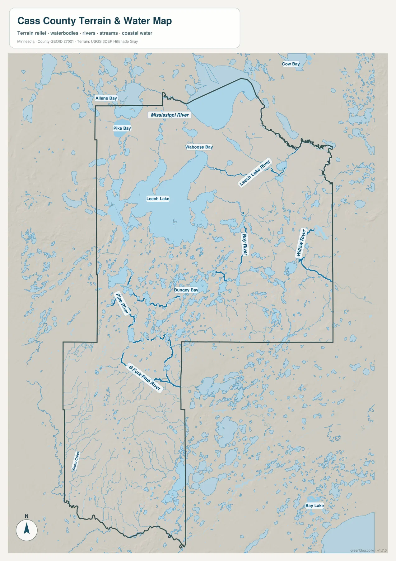 Cass County water map showing Leech Lake, Mississippi River, Leech Lake River, Boy River, Willow River, Pine River, and major bays