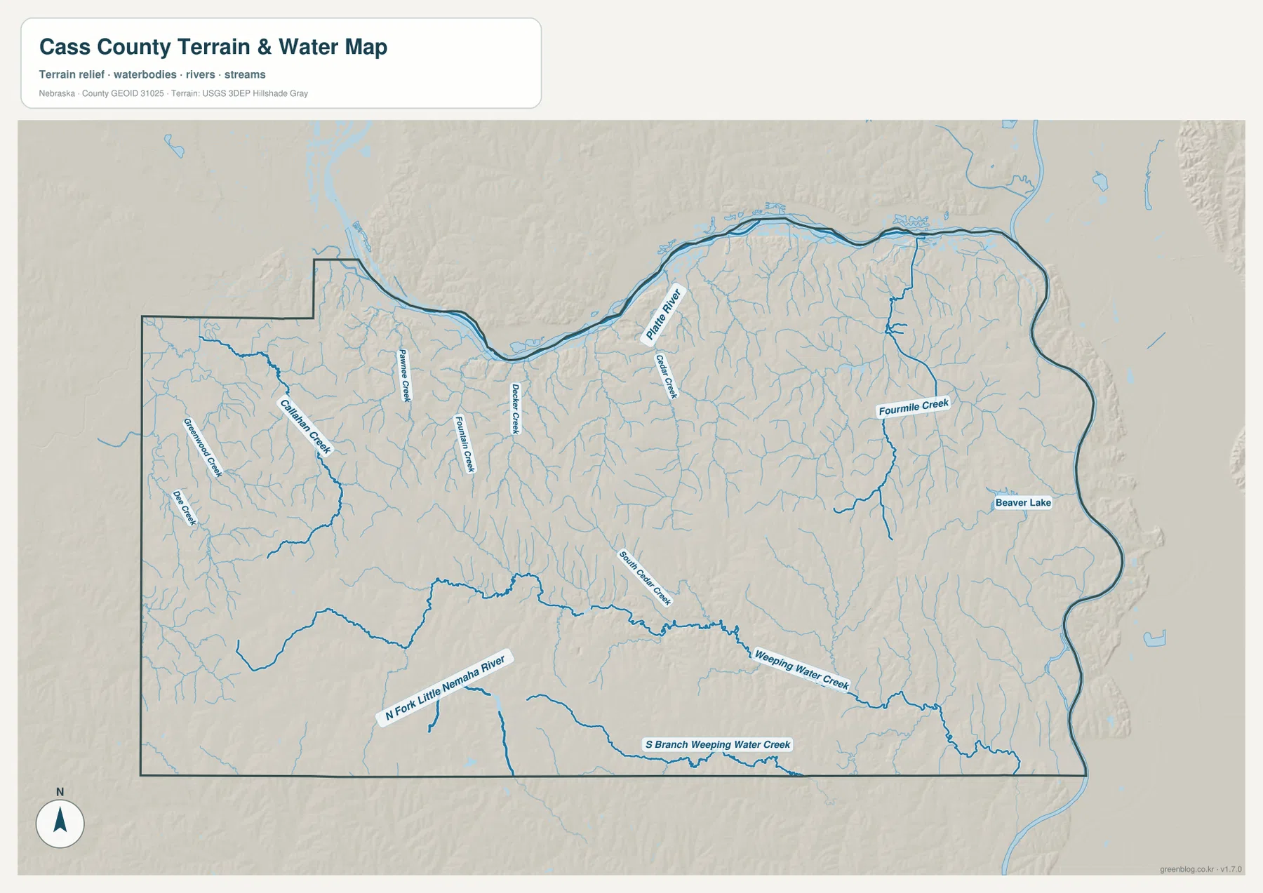 Cass County water map showing the Platte River, Cedar Creek, Fourmile Creek, Weeping Water Creek, North Fork Little Nemaha River, and Beaver Lake