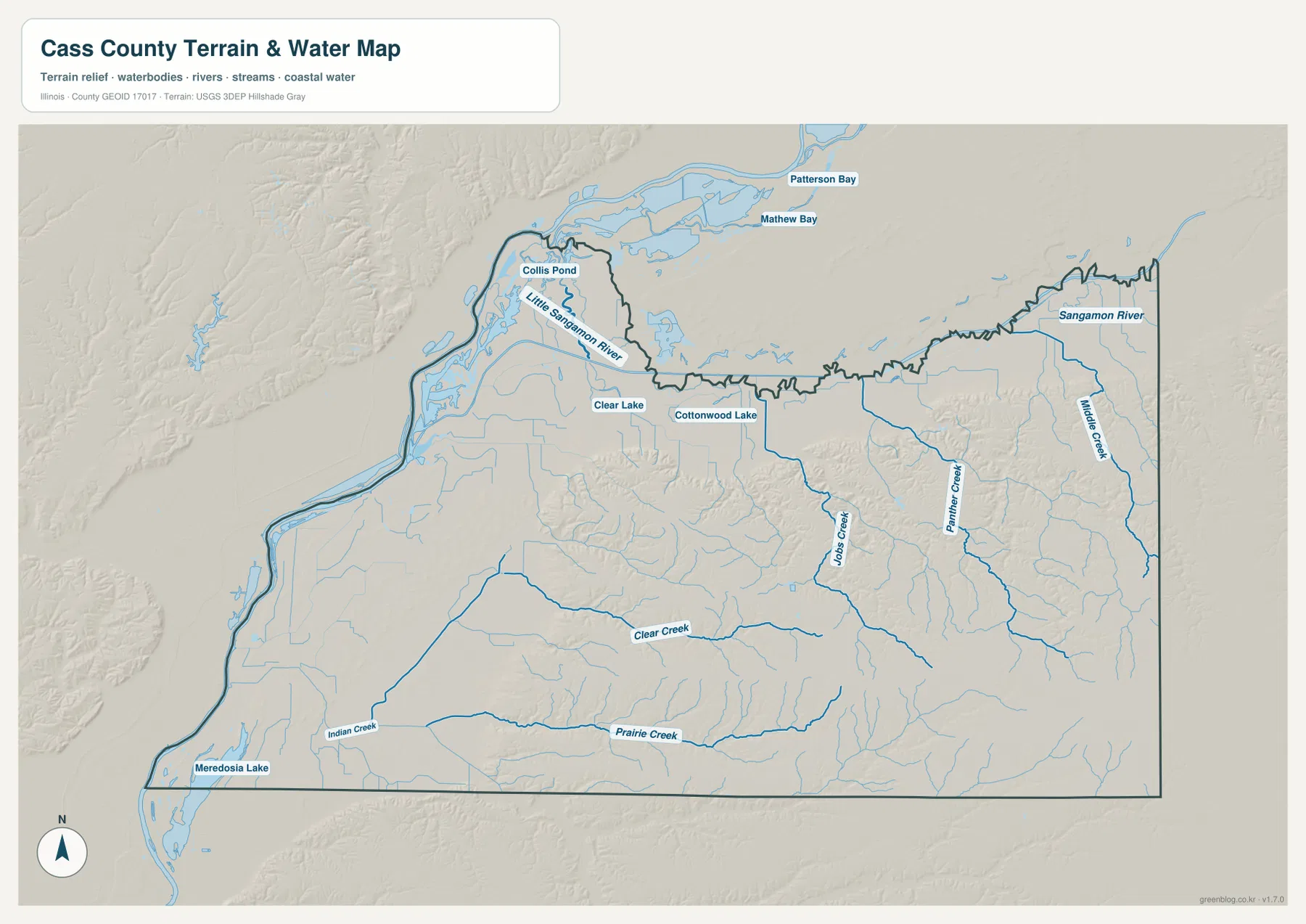 Sangamon River, Little Sangamon River, Panther Creek, Job's Creek, Clear Creek와 범람원 호수를 보여 주는 캐스 카운티 수역 지형 지도