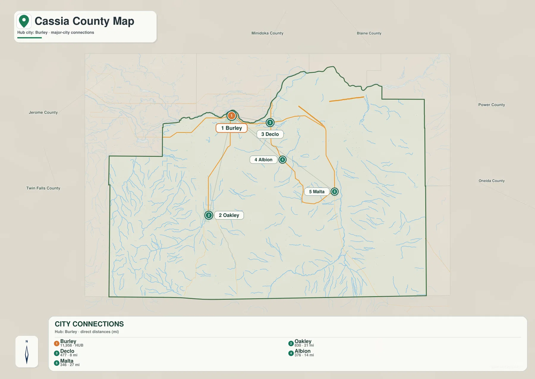 Cassia County city map showing Burley, Oakley, Declo, Albion and Malta with straight-line distances