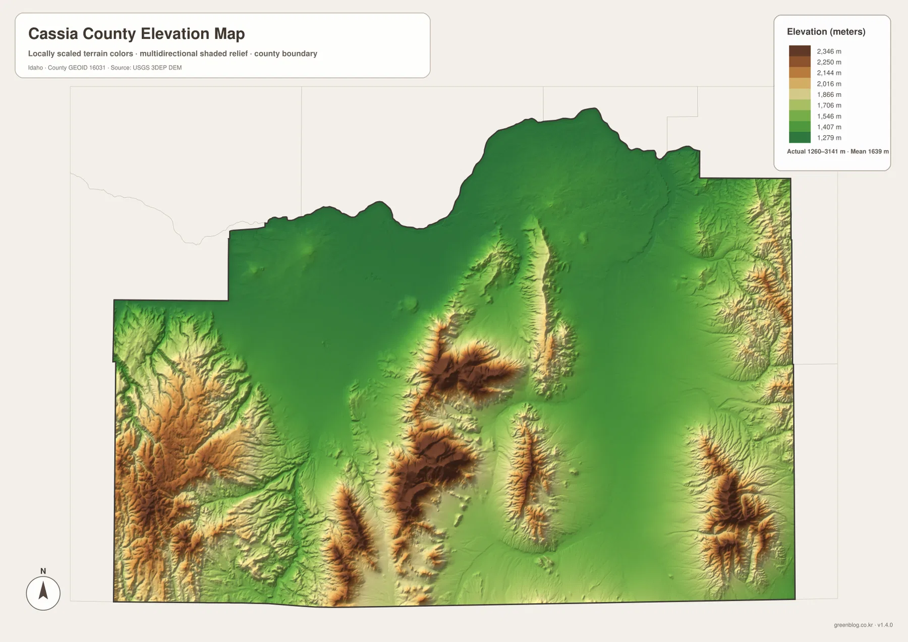 Cassia County elevation map showing low Snake River plain and high central and southern mountains