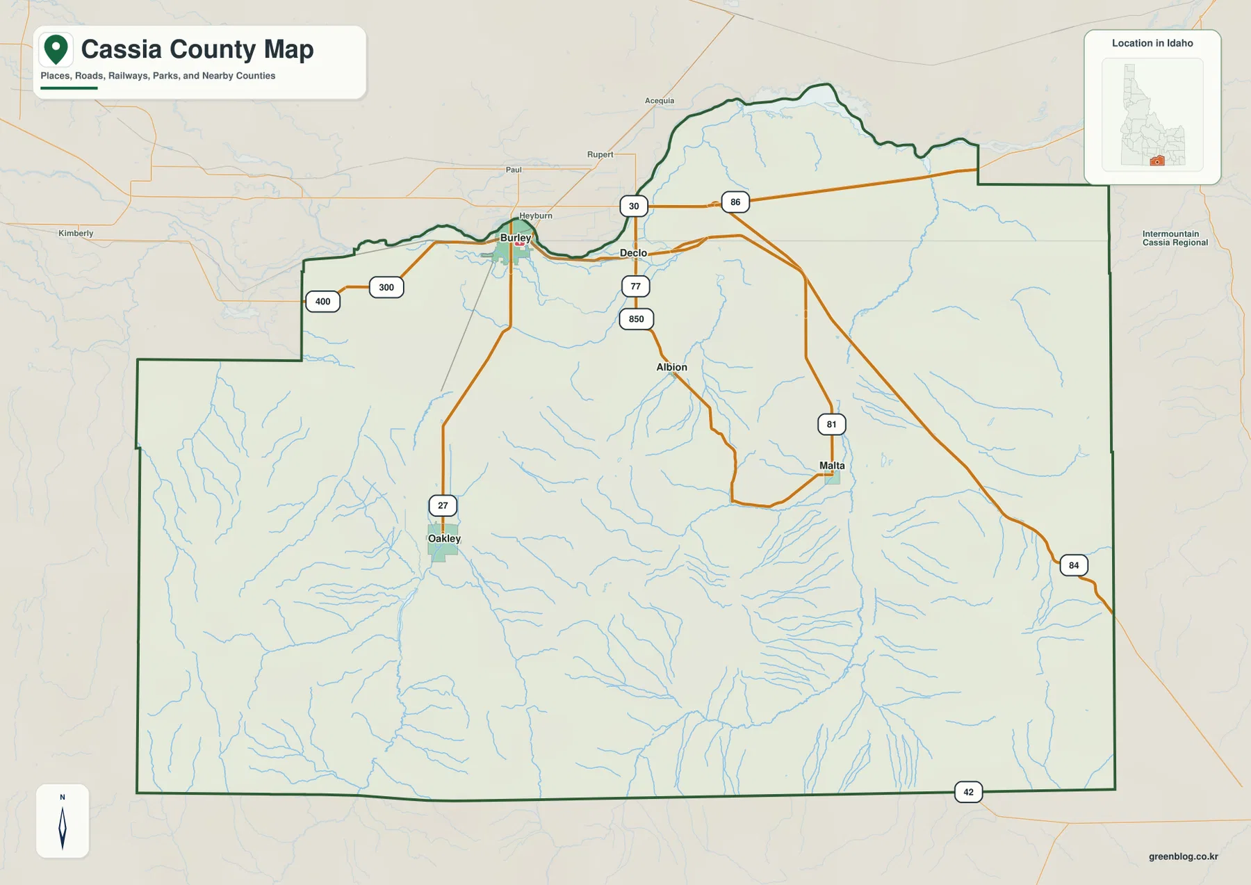 Cassia County Idaho map showing Burley, Declo, Albion, Malta, Oakley and major roads