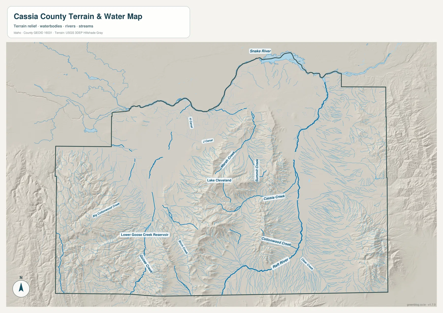 Cassia County terrain and water map showing Snake River, Cassia Creek, Goose Creek, Lake Cleveland and Lower Goose Creek Reservoir