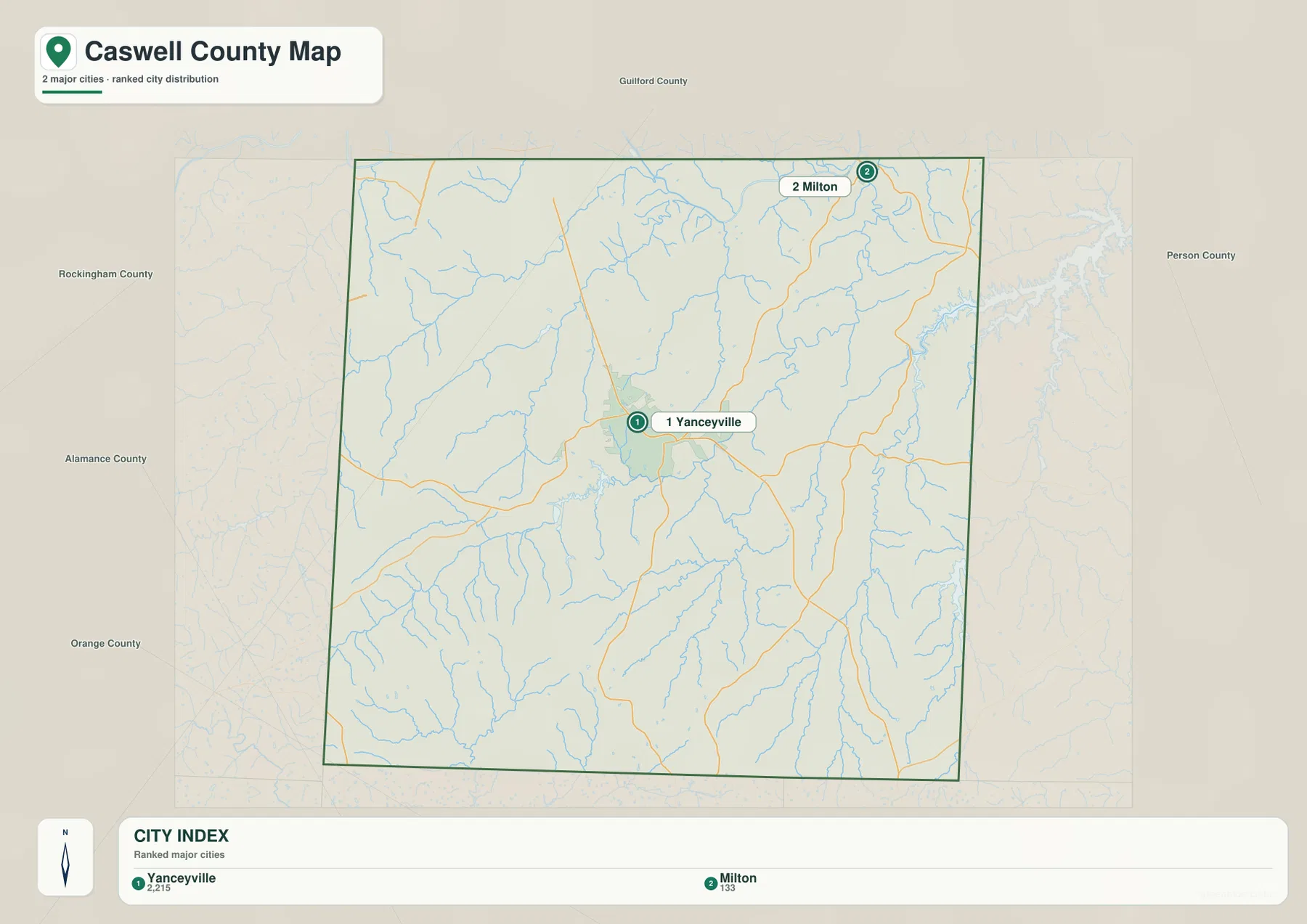 Caswell County city map highlighting Yanceyville and Milton