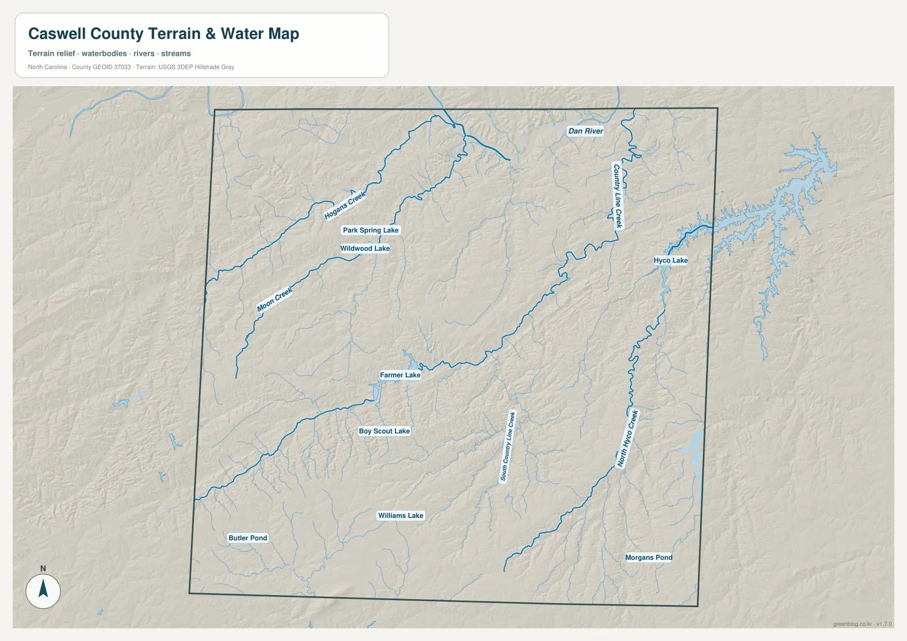 Caswell County terrain and water map with Dan River Hyco Lake Farmer Lake and creeks