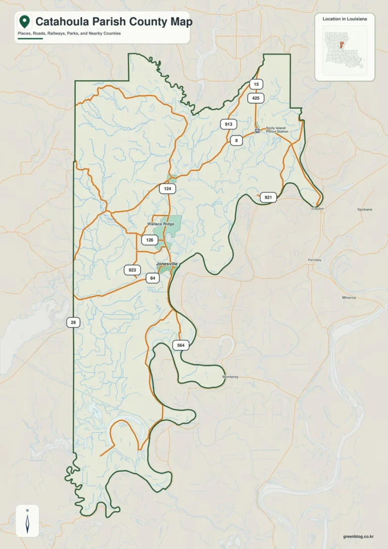 카타훌라 패리시 지도(Catahoula Parish) – Jonesville·Ouachita River와 동부 강변 저지대