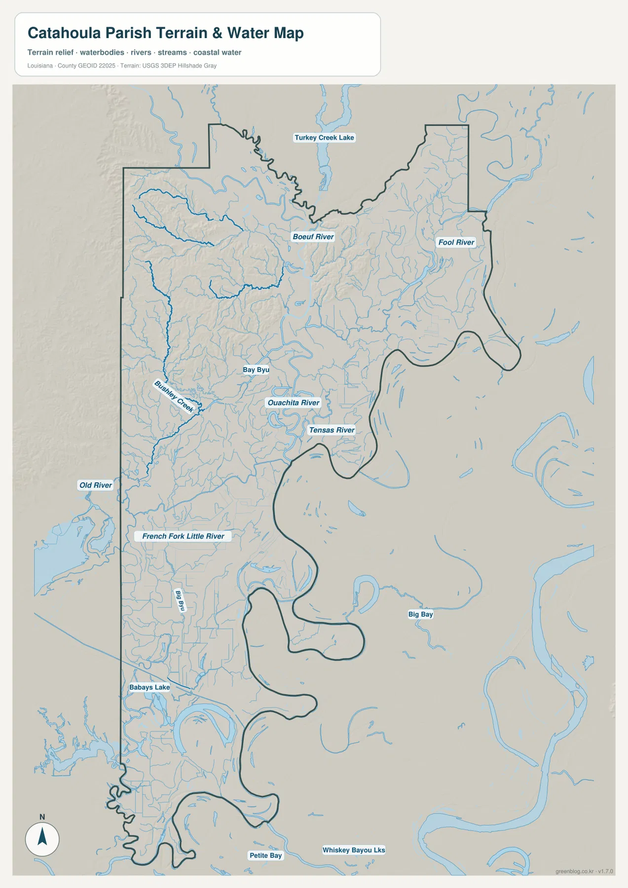 Catahoula Parish terrain and water map showing Ouachita River, Tensas River, Boeuf River, Fool River, Old River, French Fork Little River, Turkey Creek Lake, Big Bay, and Babays Lake