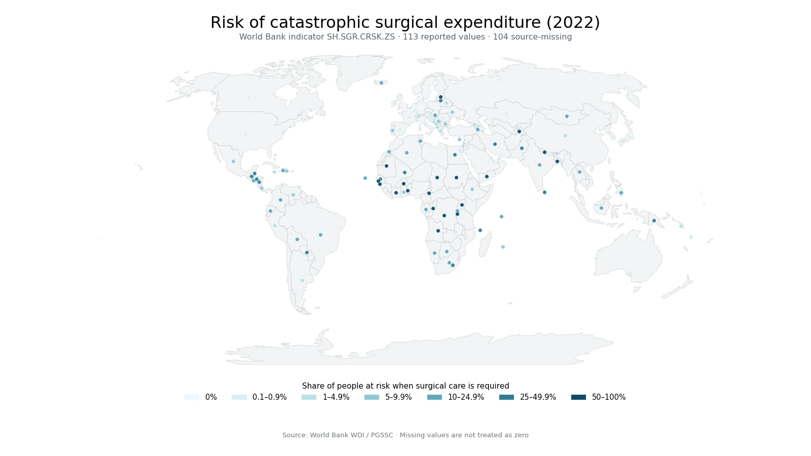 World map of the risk of catastrophic surgical expenditure in 2022