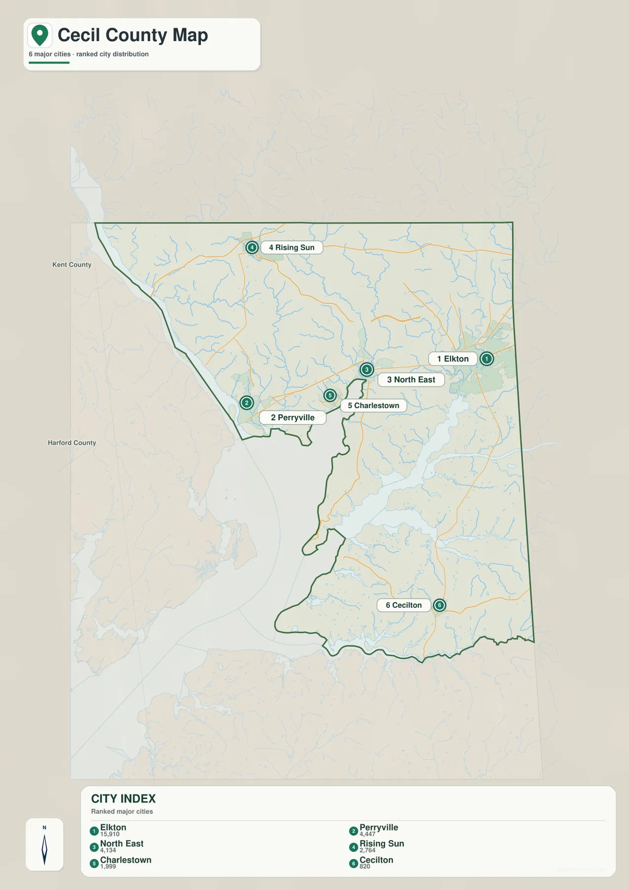 Cecil County Maryland City Index 지도에서 Elkton, Perryville, North East, Rising Sun, Charlestown, Cecilton이 순위로 표시된 모습