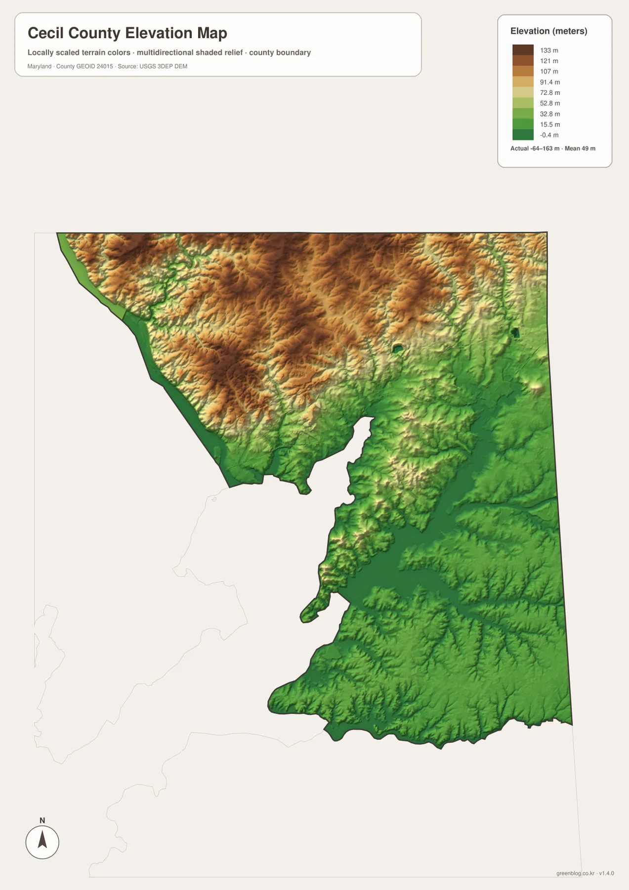 Cecil County Maryland 고도 지도에서 북서부와 북부의 높은 구릉, Elk River·Chesapeake Bay와 남동부의 낮은 지형이 색으로 구분된 모습