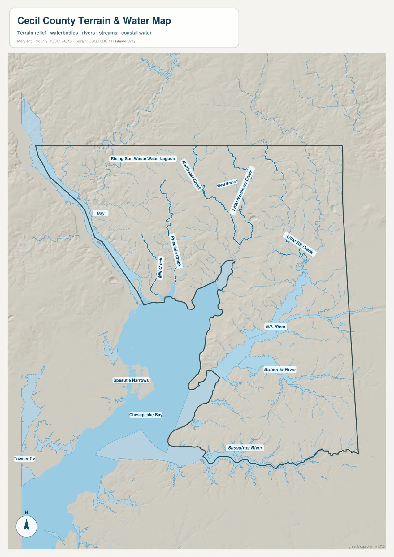 Cecil County Maryland 수역 지도에 Chesapeake Bay, Elk River, Bohemia River, Sassafras River, Little Elk Creek, Little Northeast Creek과 주요 지류가 표시된 모습