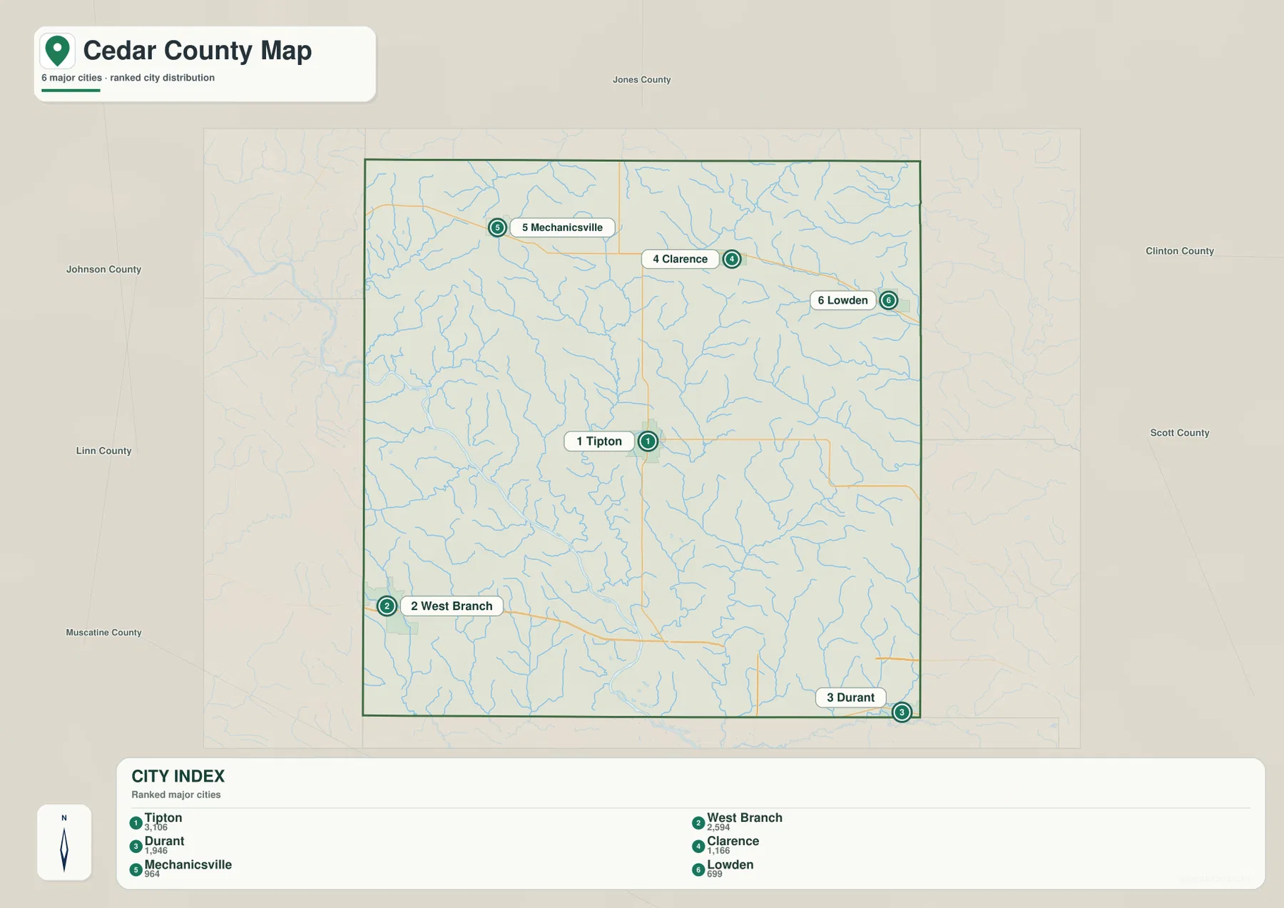 Cedar County city map ranking Tipton, West Branch, Durant, Clarence, Mechanicsville, and Lowden