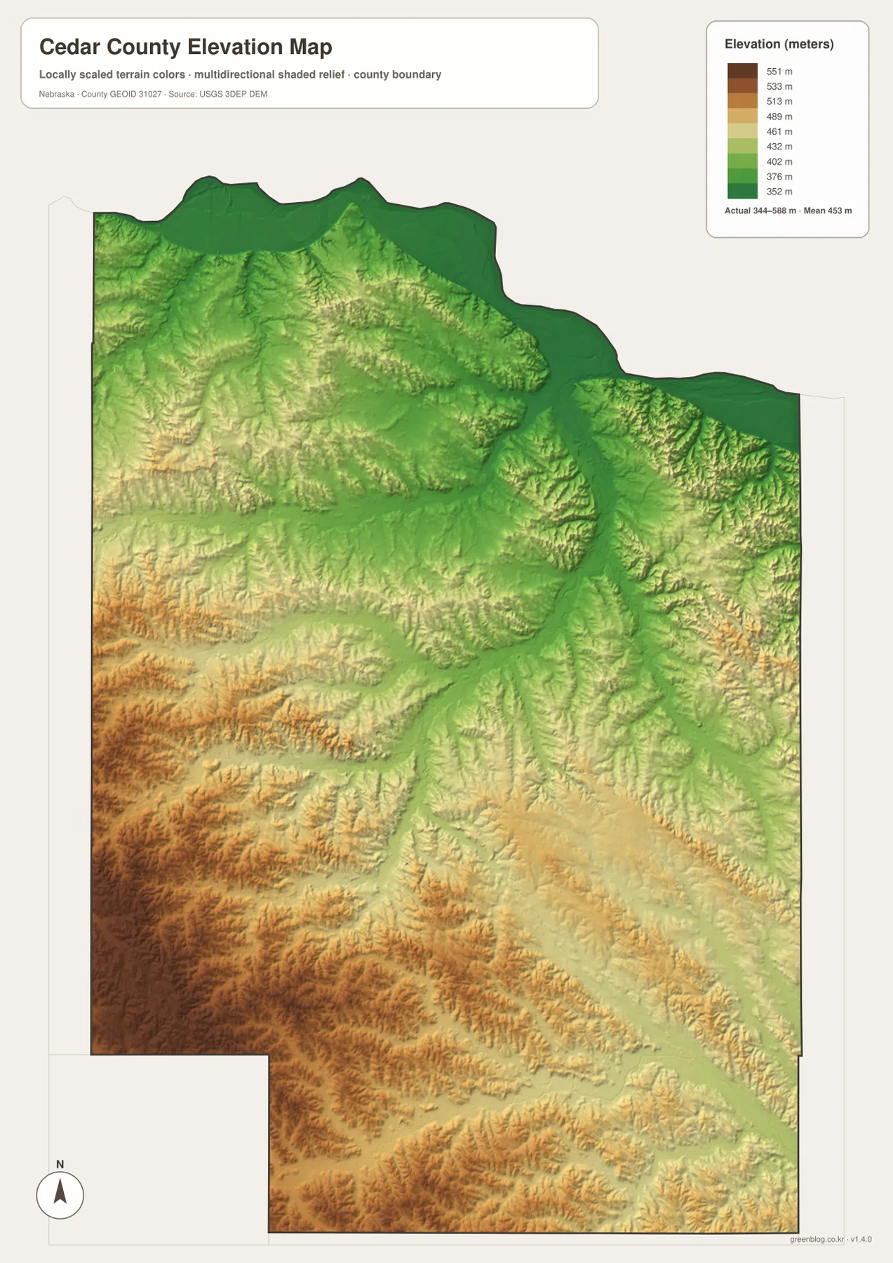 북쪽 Missouri River 저지와 남서부 고지의 높이 차이를 보여 주는 Cedar County 고도 지도