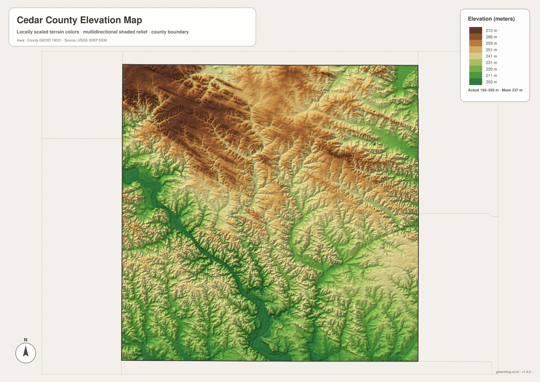 Cedar County Iowa elevation map showing a 192 to 292 meter range, northern ridges, Cedar River lowlands, and creek valleys