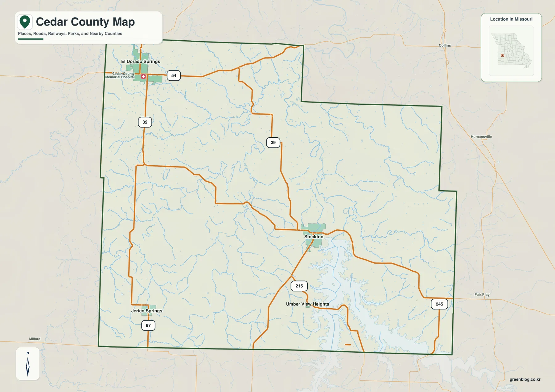 El Dorado Springs, Stockton, Jerico Springs와 U.S. 54, Route 39를 표시한 미주리주 시더 카운티 지도