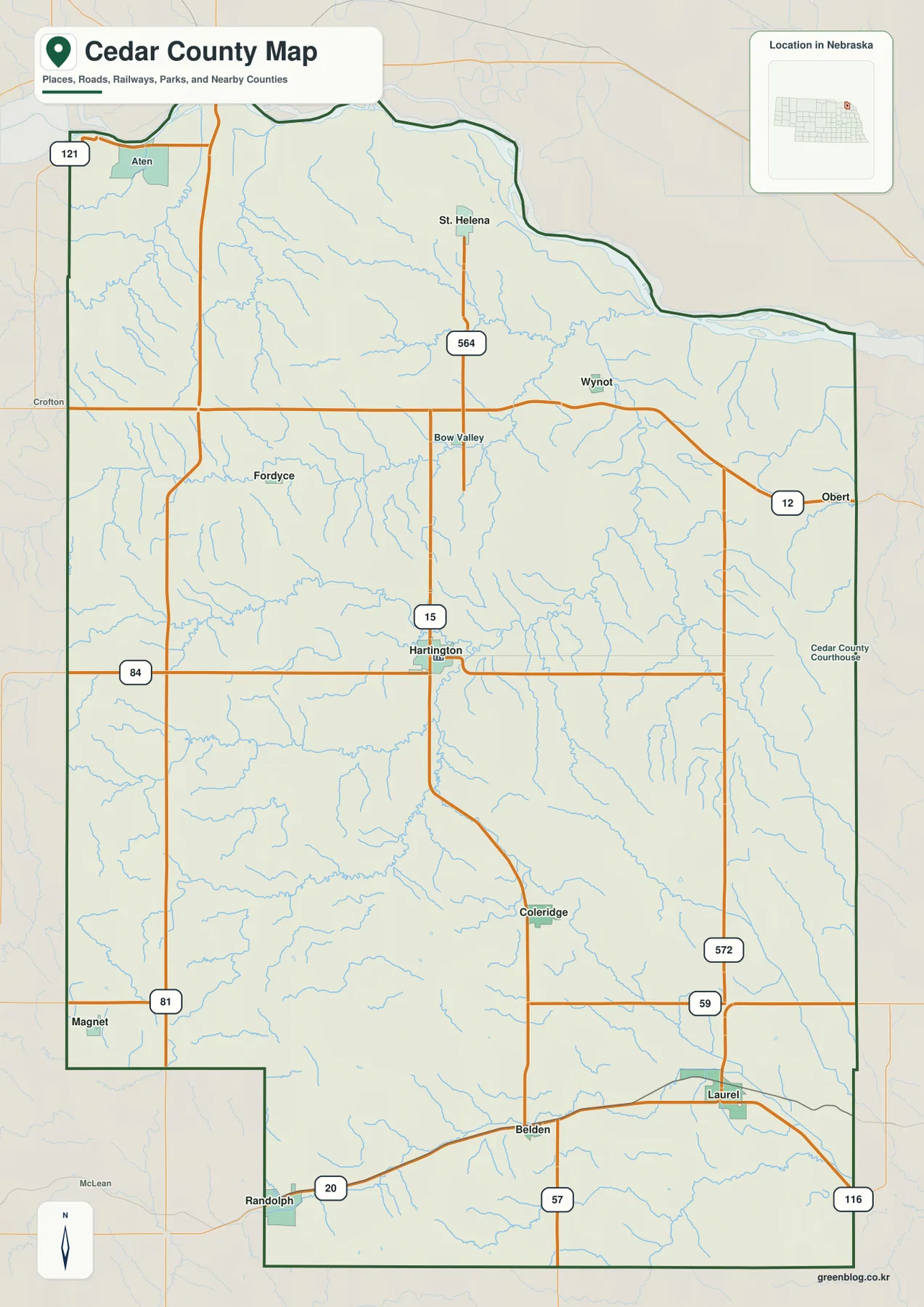 Hartington, Laurel, Randolph, Coleridge, Wynot, Fordyce와 주요 도로를 보여 주는 Cedar County 지도