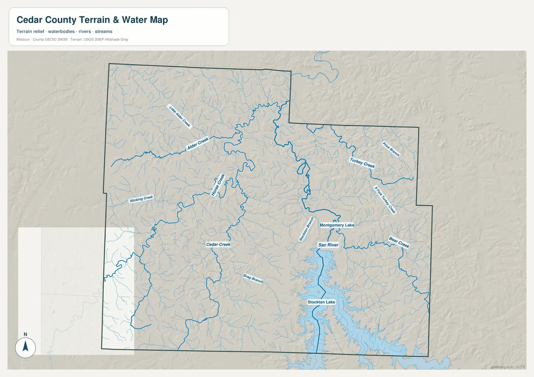 Stockton Lake, Sac River, Alder Creek, Cedar Creek, Turkey Creek, Bear Creek가 표시된 Cedar County 물길 지도