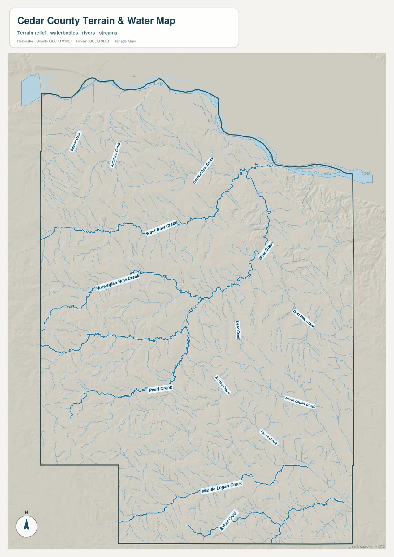 Missouri River 경계와 Bow Creek, West Bow Creek, Norwegian Bow Creek, Pearl Creek, Middle Logan Creek을 보여 주는 Cedar County 수역 지도