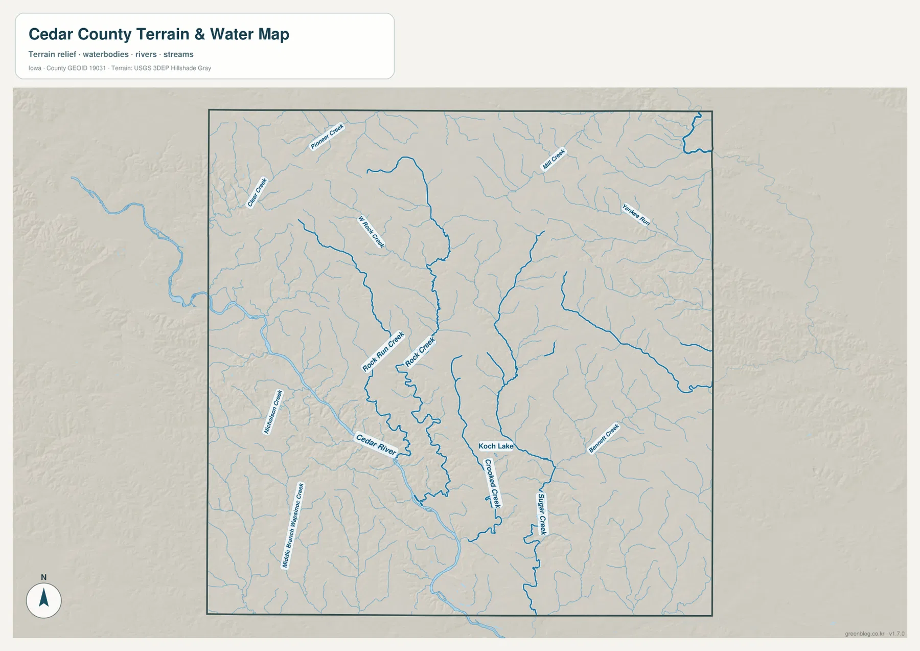 Cedar County terrain and water map showing Cedar River, Rock Creek, Rock Run Creek, Crooked Creek, Sugar Creek, Bennett Creek, and Koch Lake