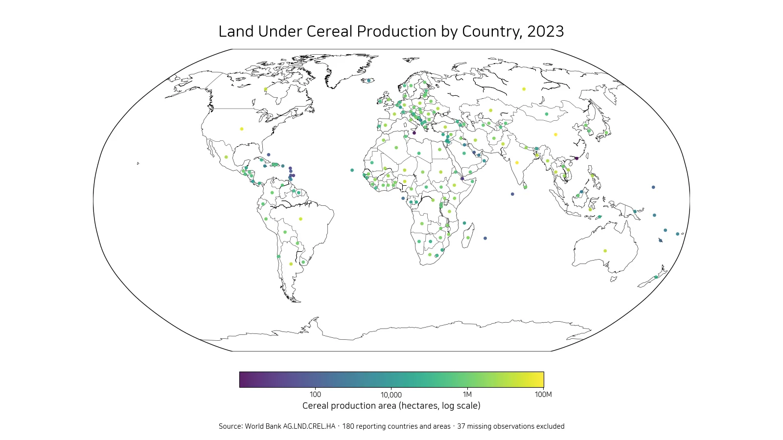 Map of land under cereal production by country in 2023