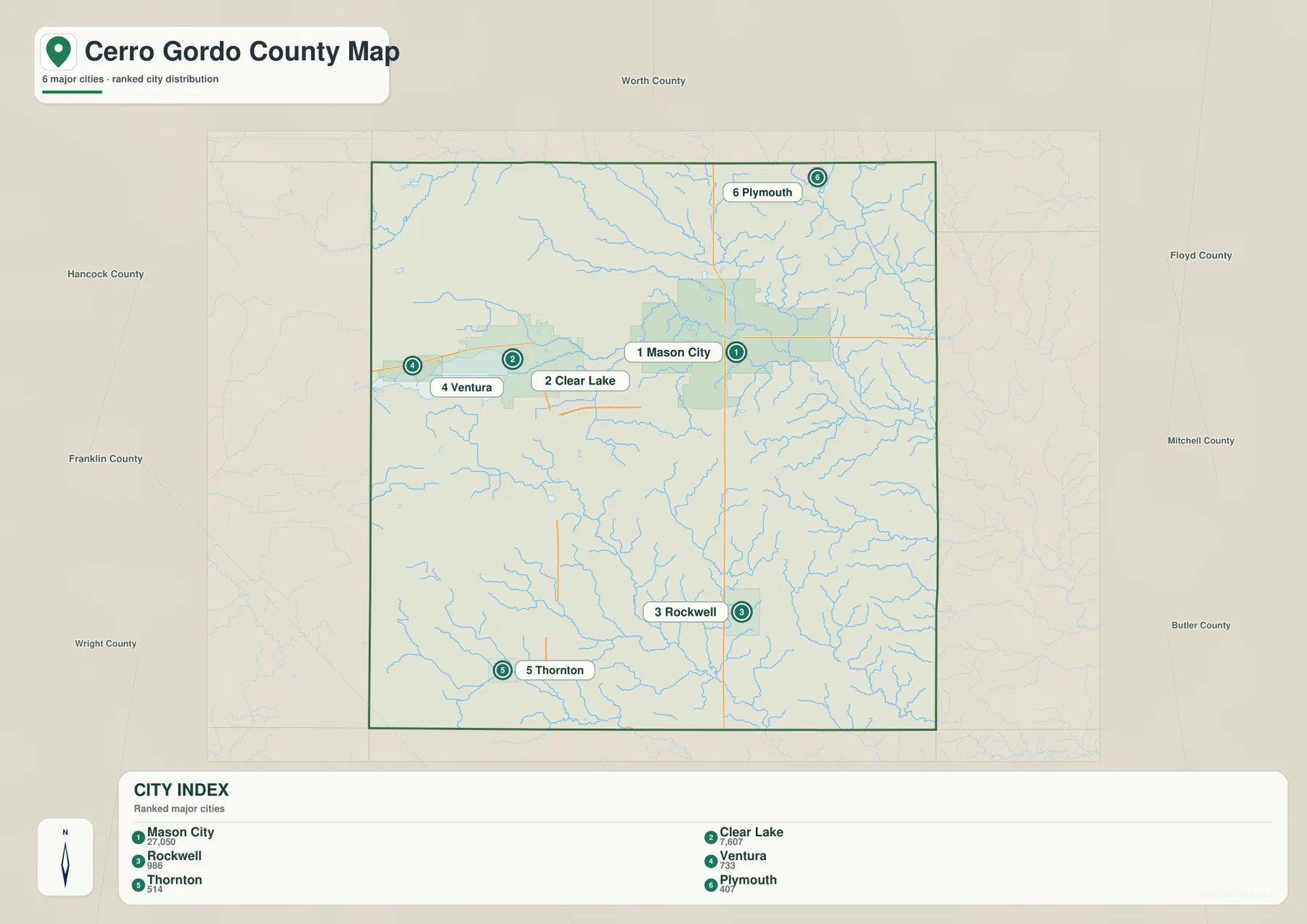 Cerro Gordo County city map ranking Mason City, Clear Lake, Rockwell, Ventura, Thornton, and Plymouth
